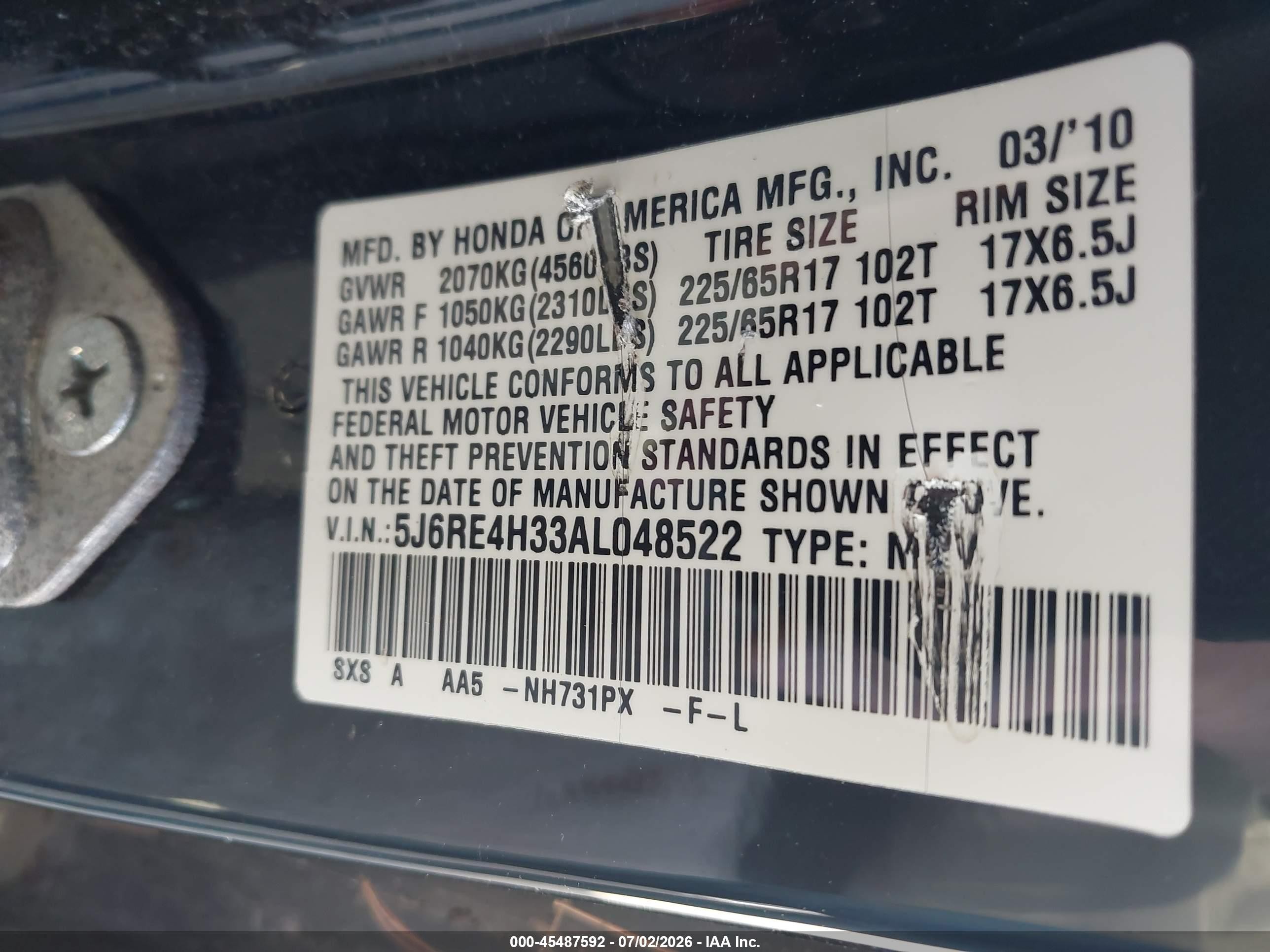 2010 Honda Cr-v Lx Black vin: 5J6RE4H33AL048522
