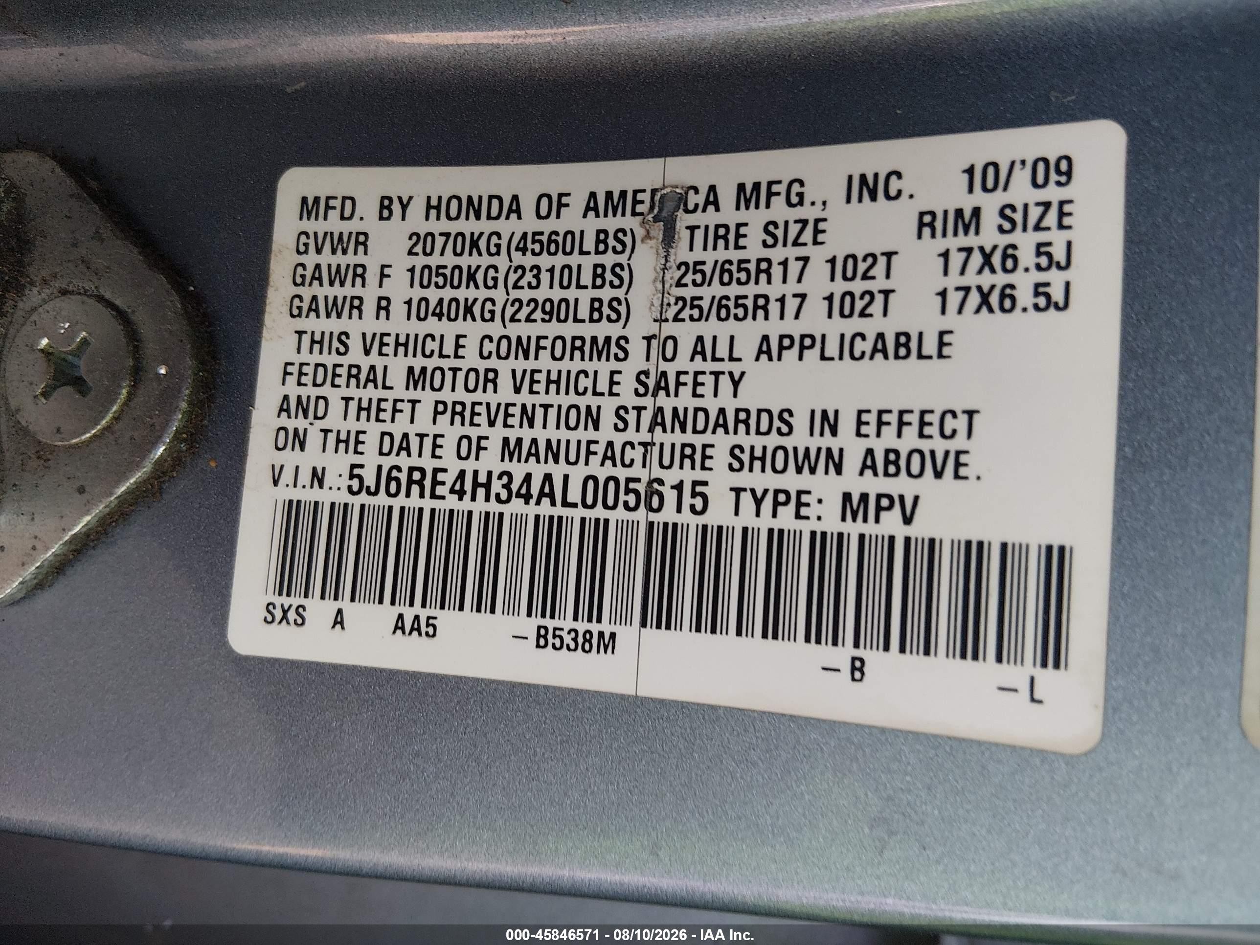 2010 Honda Cr-v Lx Blue vin: 5J6RE4H34AL005615