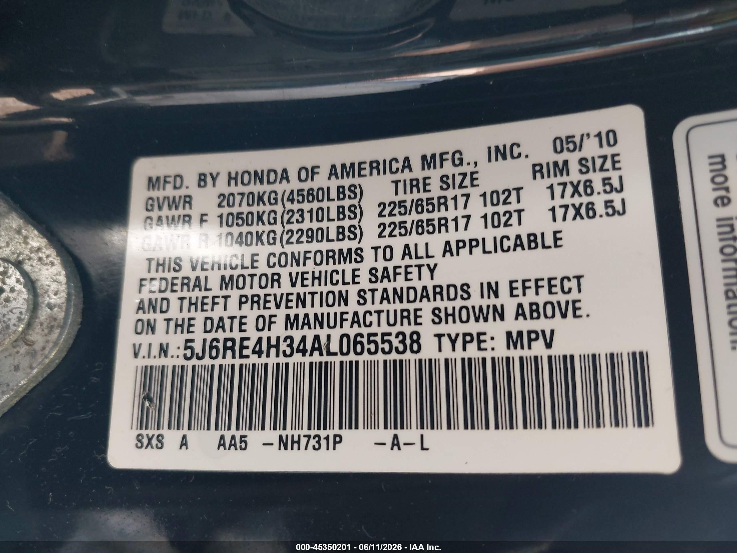 2010 Honda Cr-v Lx Black vin: 5J6RE4H34AL065538