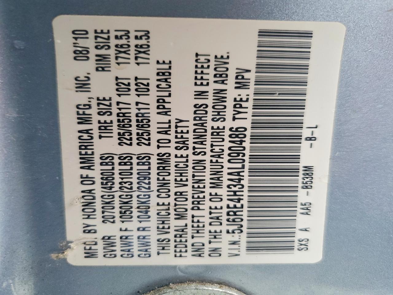 2010 Honda Cr-v Lx Blue vin: 5J6RE4H34AL090486
