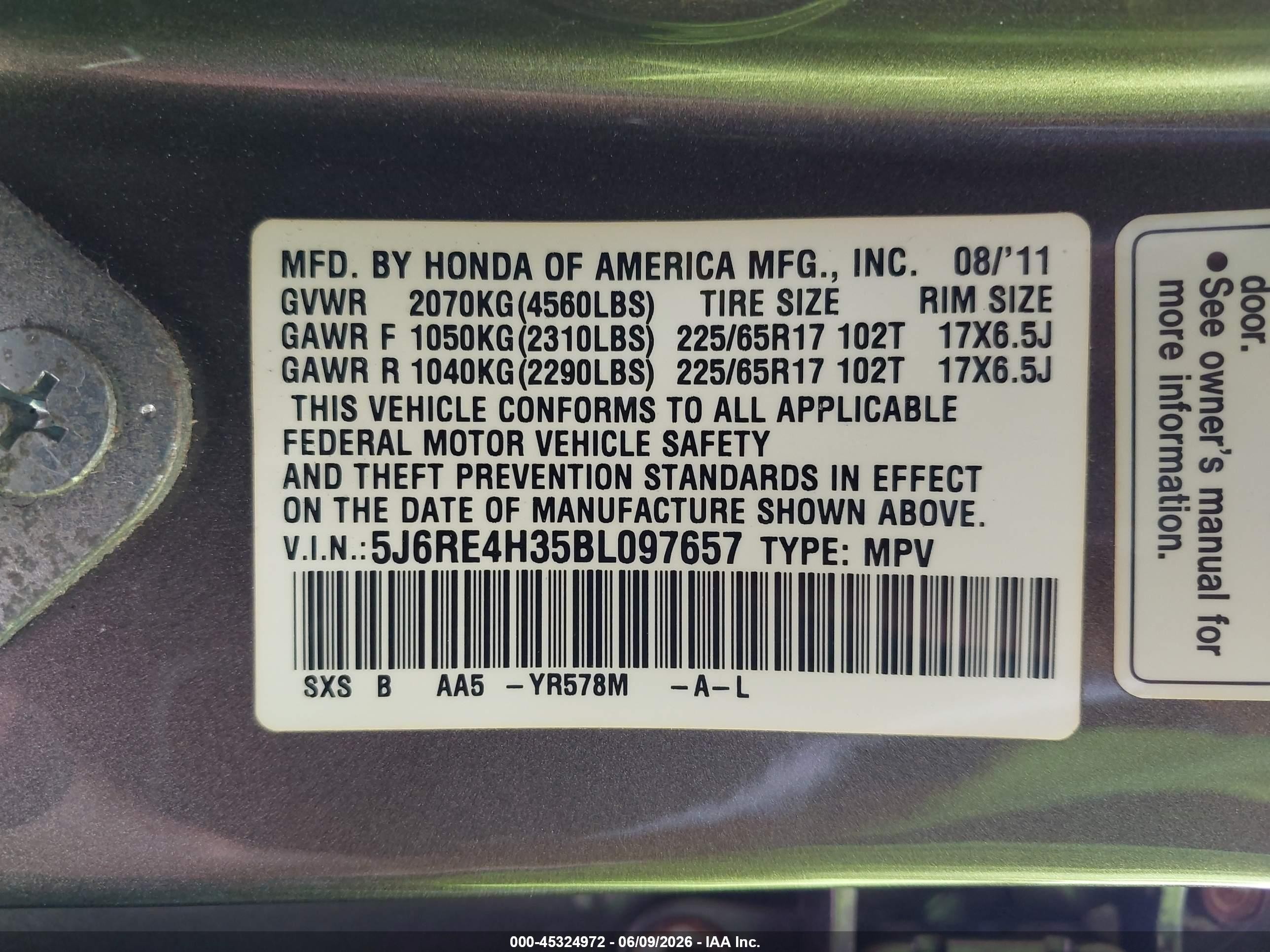 2011 Honda Cr-v Lx Gray vin: 5J6RE4H35BL097657