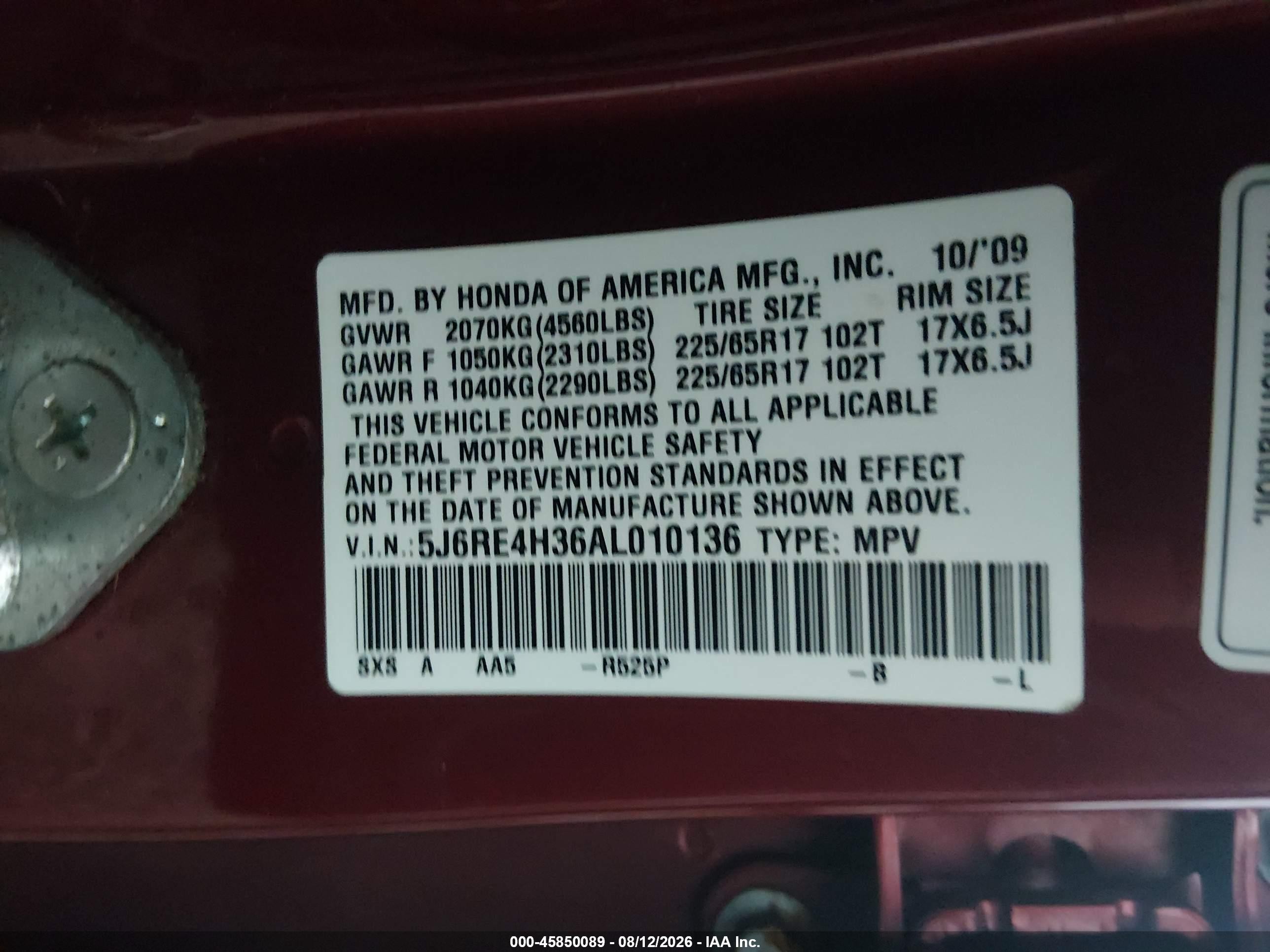 2010 Honda Cr-v Lx Red vin: 5J6RE4H36AL010136