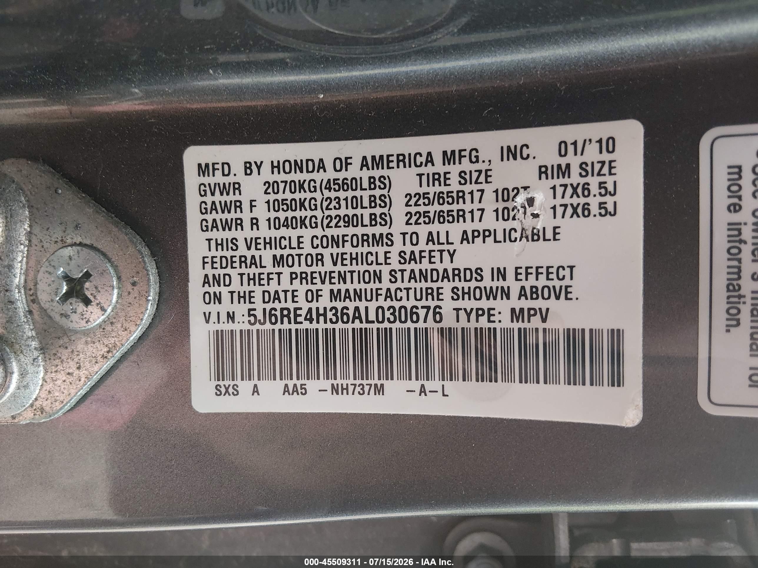 2010 Honda Cr-v Lx Gray vin: 5J6RE4H36AL030676