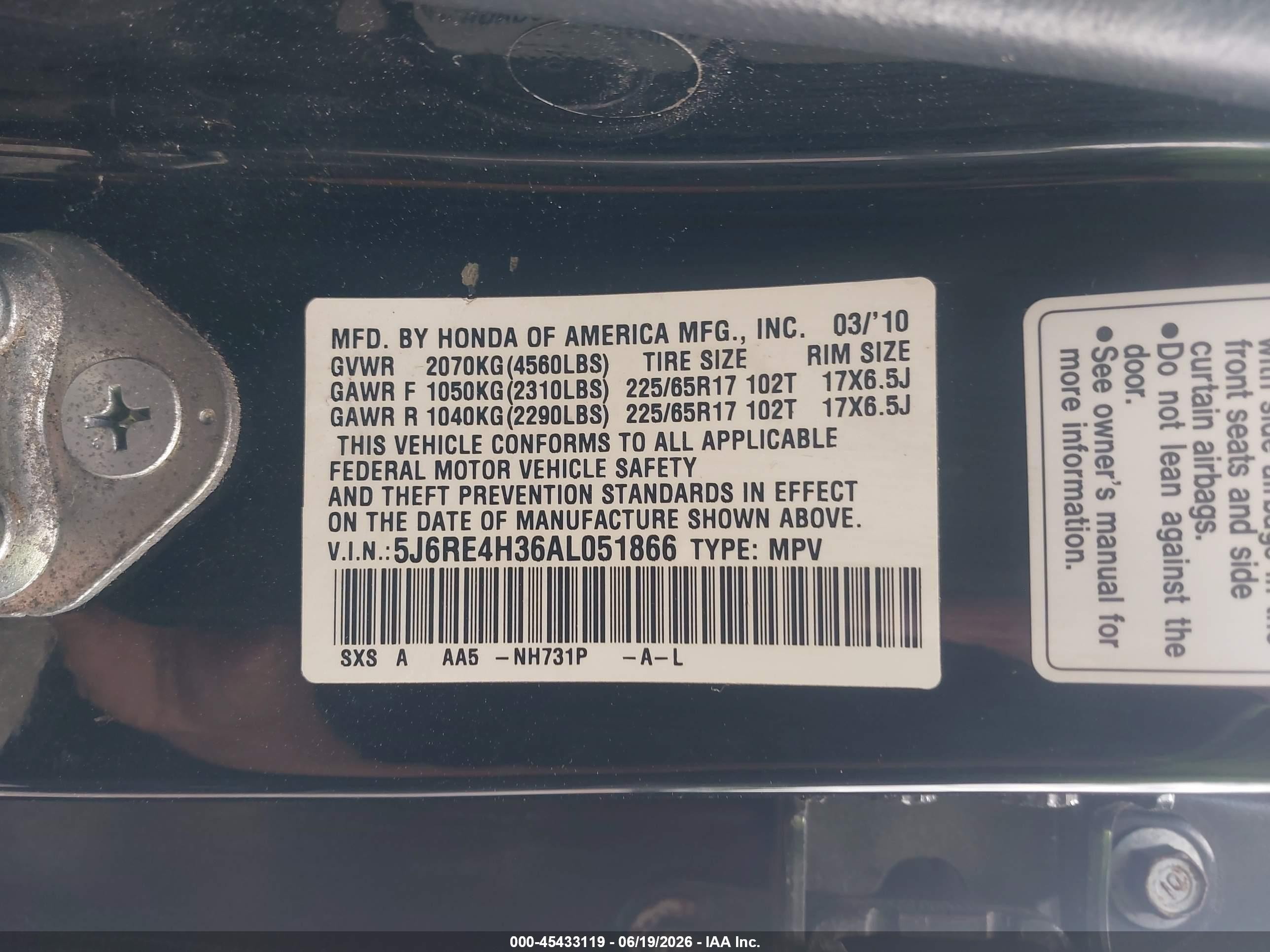 2010 Honda Cr-v Lx Black vin: 5J6RE4H36AL051866