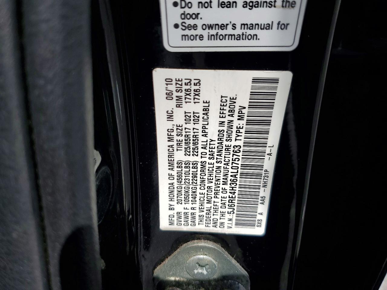 2010 Honda Cr-v 4d 4wd Black vin: 5J6RE4H36AL075763
