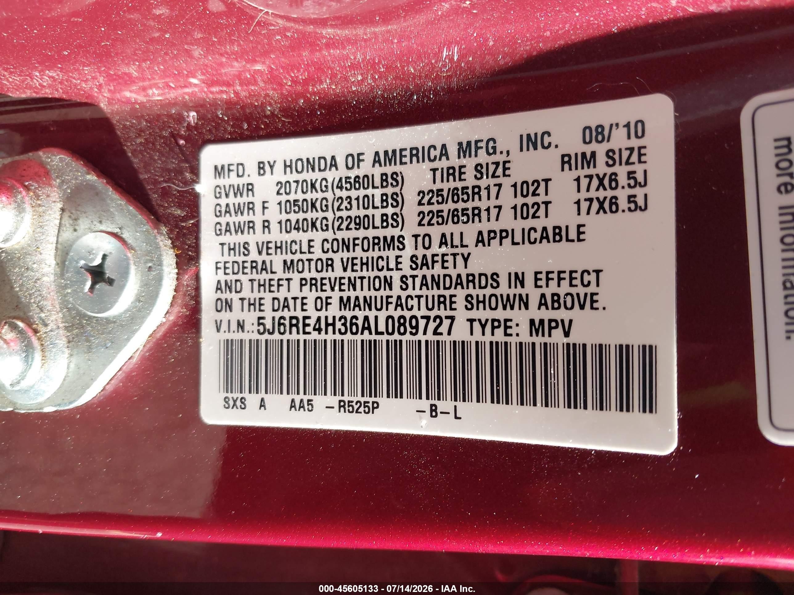 2010 Honda Cr-v Lx Red vin: 5J6RE4H36AL089727