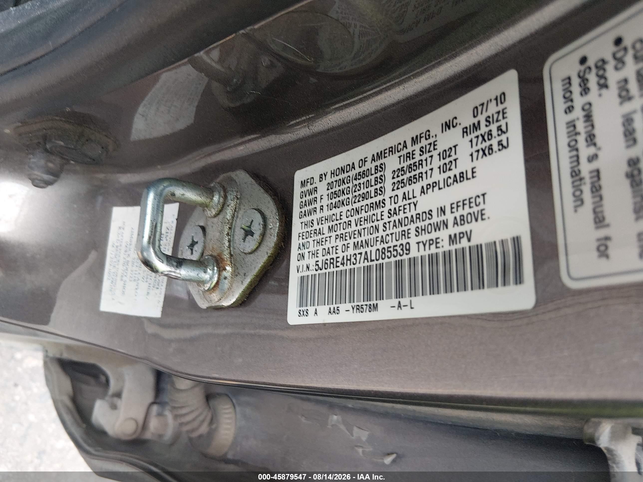 2010 Honda Cr-v Lx Gray vin: 5J6RE4H37AL085539