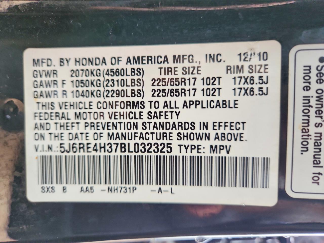 2011 Honda Cr-v Lx Black vin: 5J6RE4H37BL032325