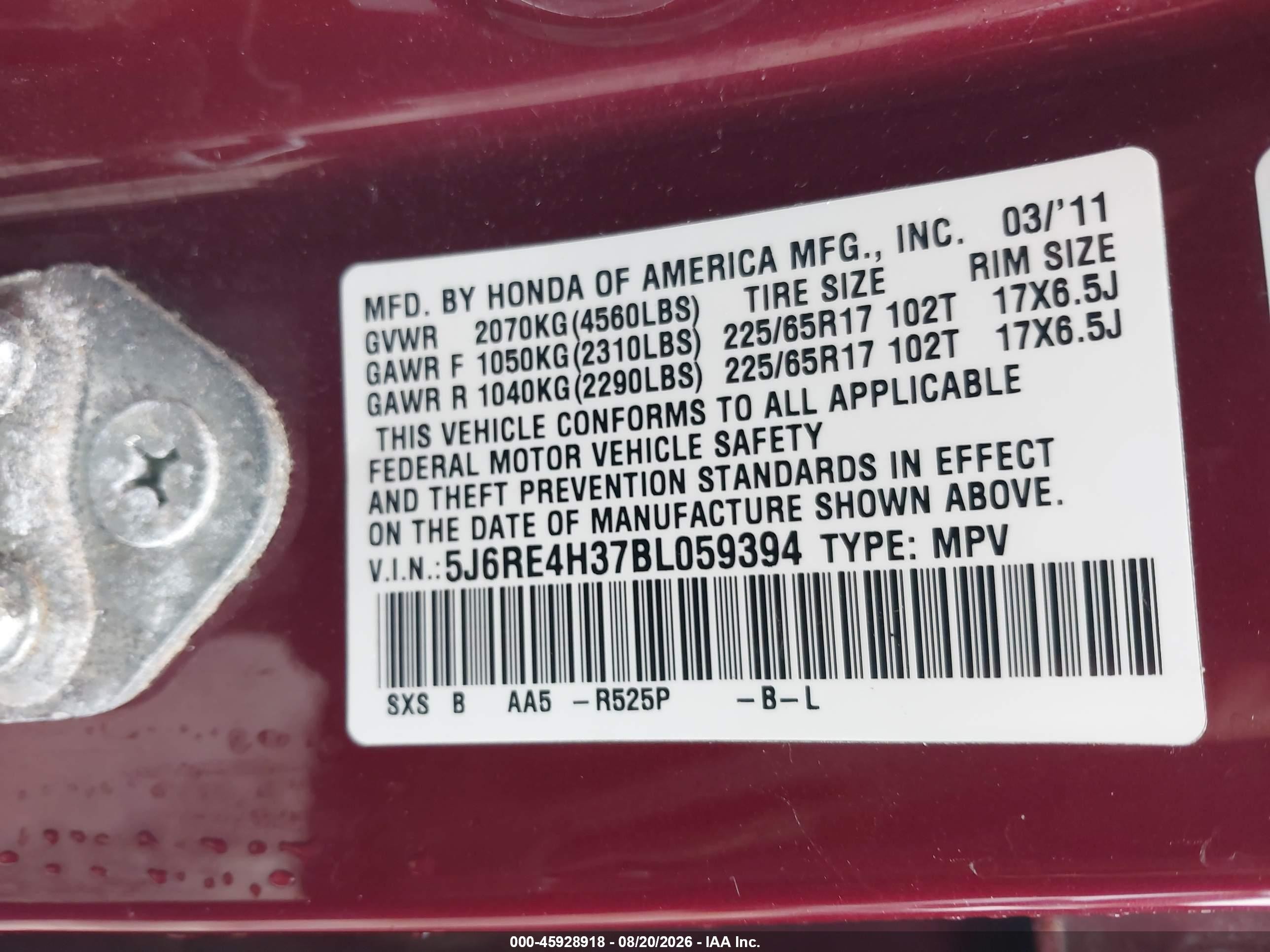 2011 Honda Cr-v Lx Red vin: 5J6RE4H37BL059394