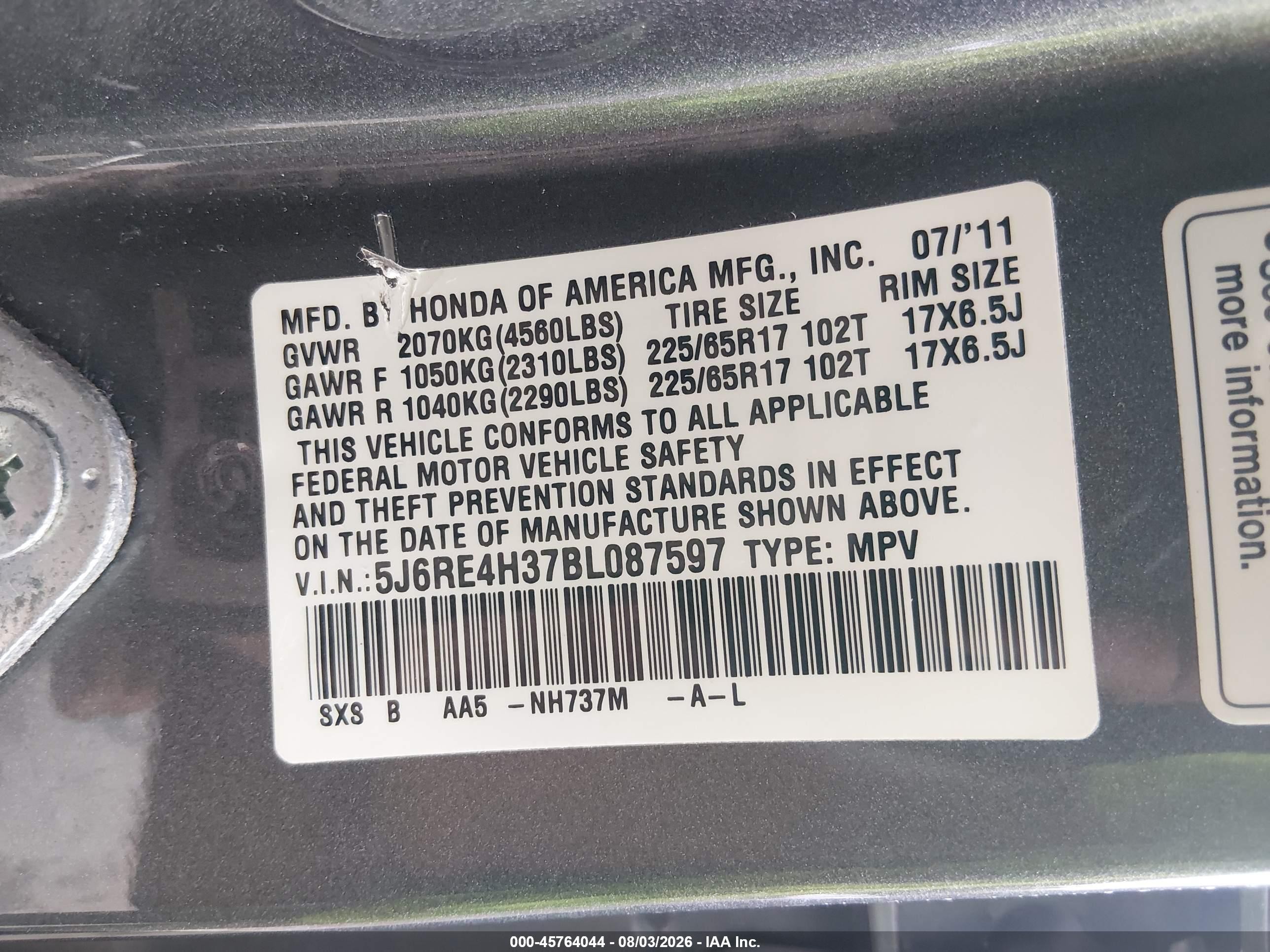 2011 Honda Cr-v Lx Gray vin: 5J6RE4H37BL087597