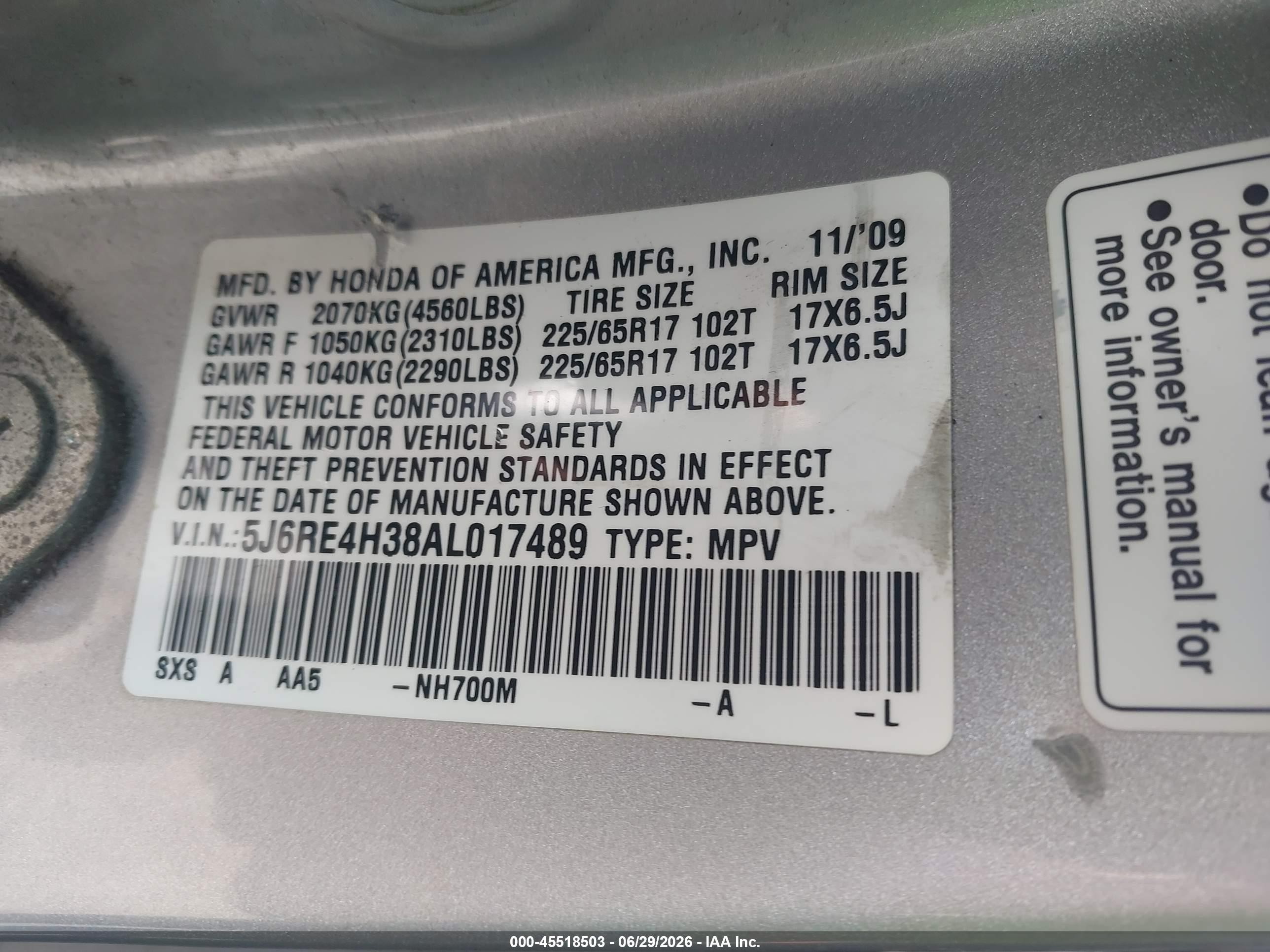 2010 Honda Cr-v Lx Silver vin: 5J6RE4H38AL017489
