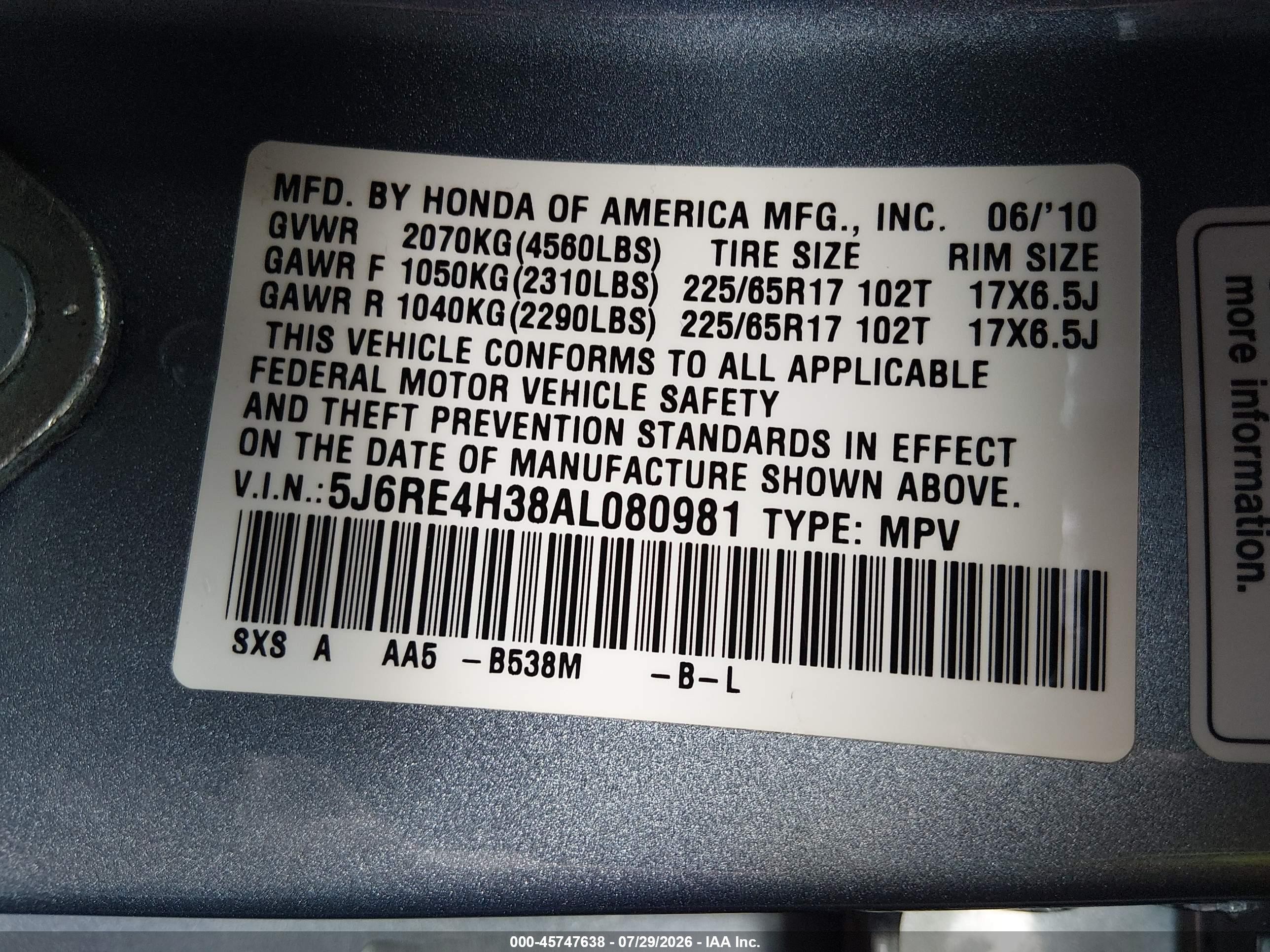 2010 Honda Cr-v Lx Blue vin: 5J6RE4H38AL080981