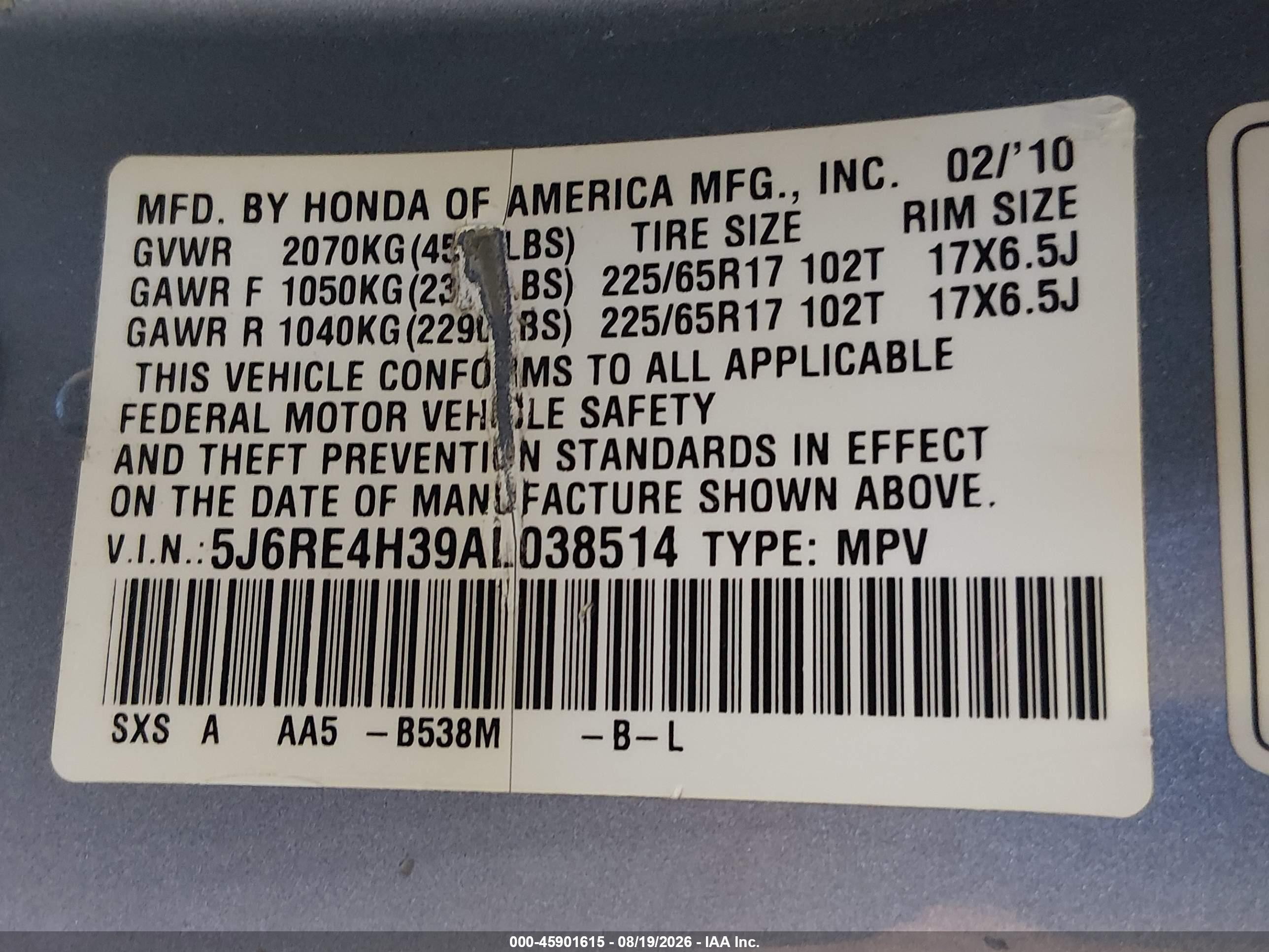 2010 Honda Cr-v Lx Blue vin: 5J6RE4H39AL038514