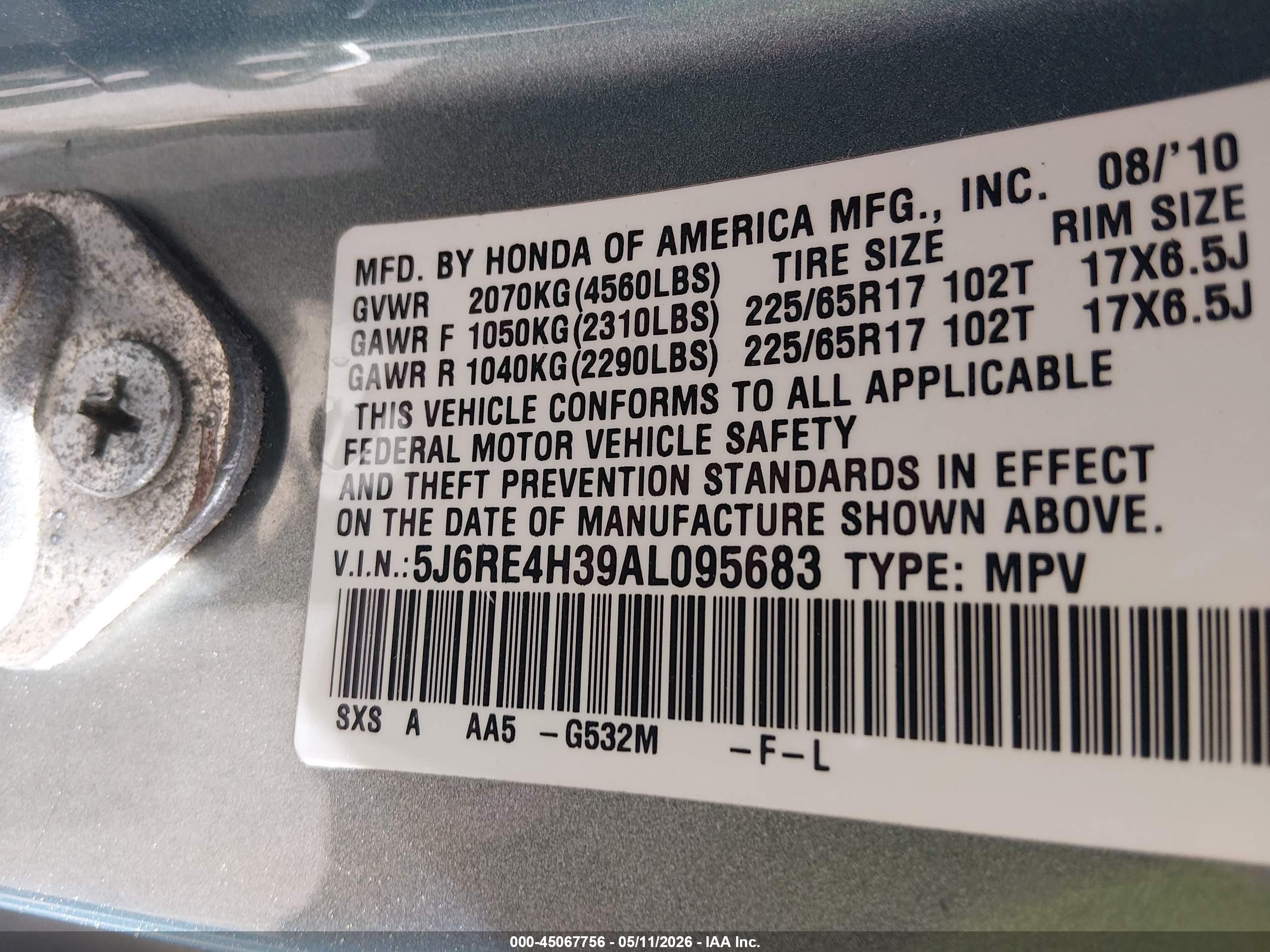 2010 Honda Cr-v Lx Light Blue vin: 5J6RE4H39AL095683