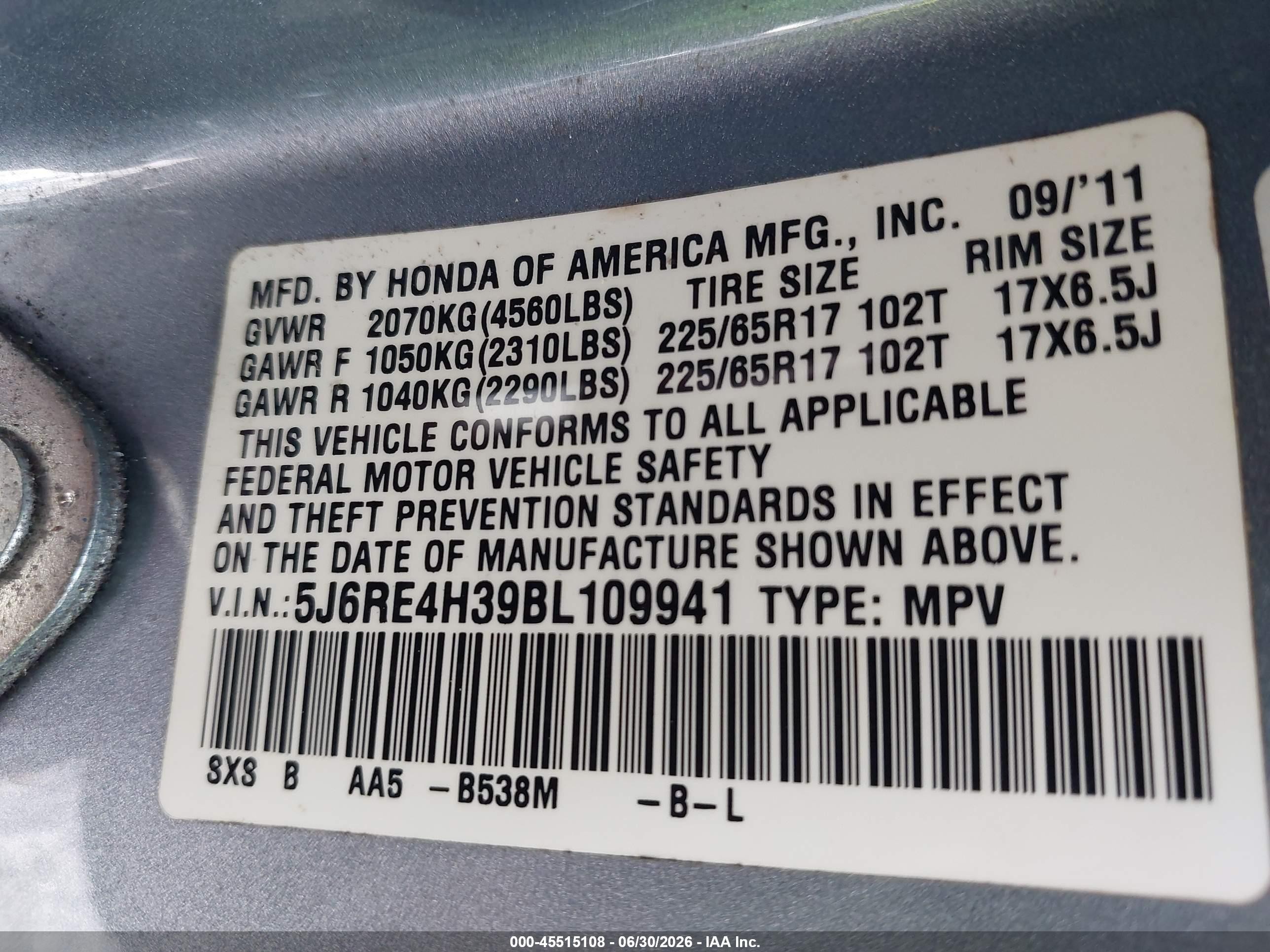 2011 Honda Cr-v Lx Blue vin: 5J6RE4H39BL109941