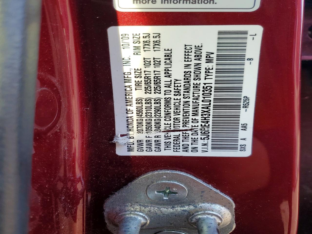 2010 Honda Cr-v Lx Red vin: 5J6RE4H3XAL010351