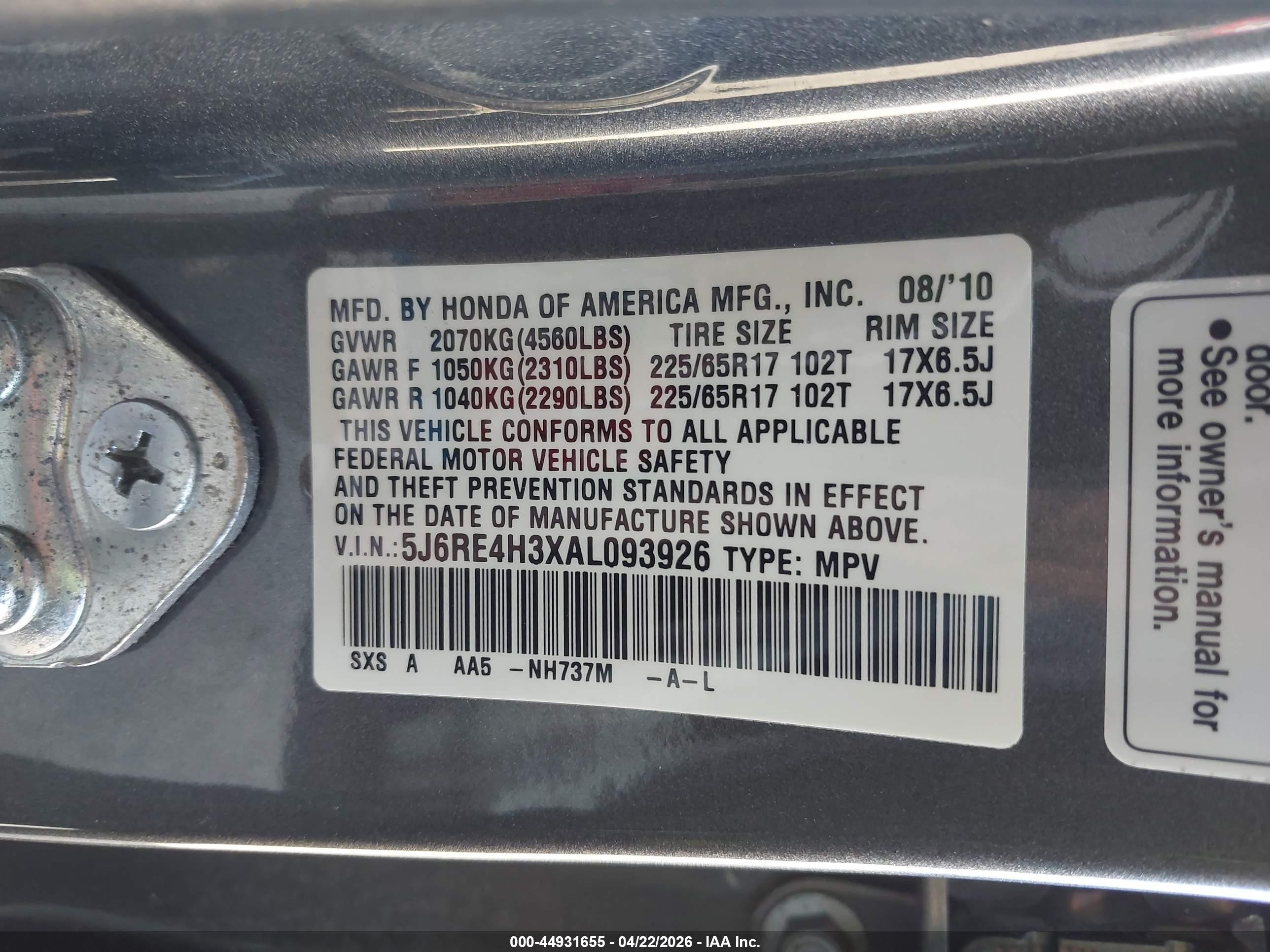 2010 Honda Cr-v Lx Gray vin: 5J6RE4H3XAL093926