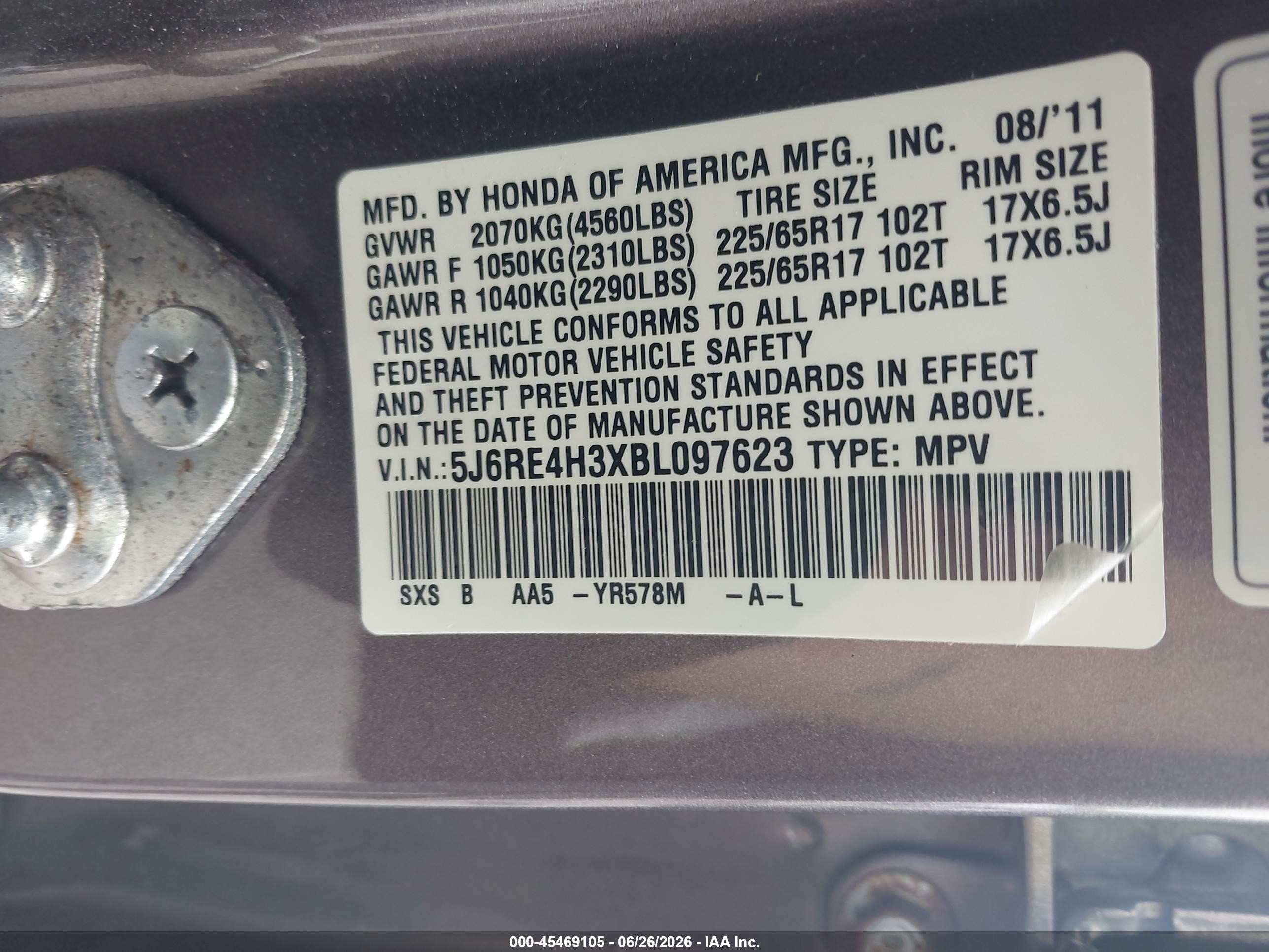 2011 Honda Cr-v Lx Gray vin: 5J6RE4H3XBL097623
