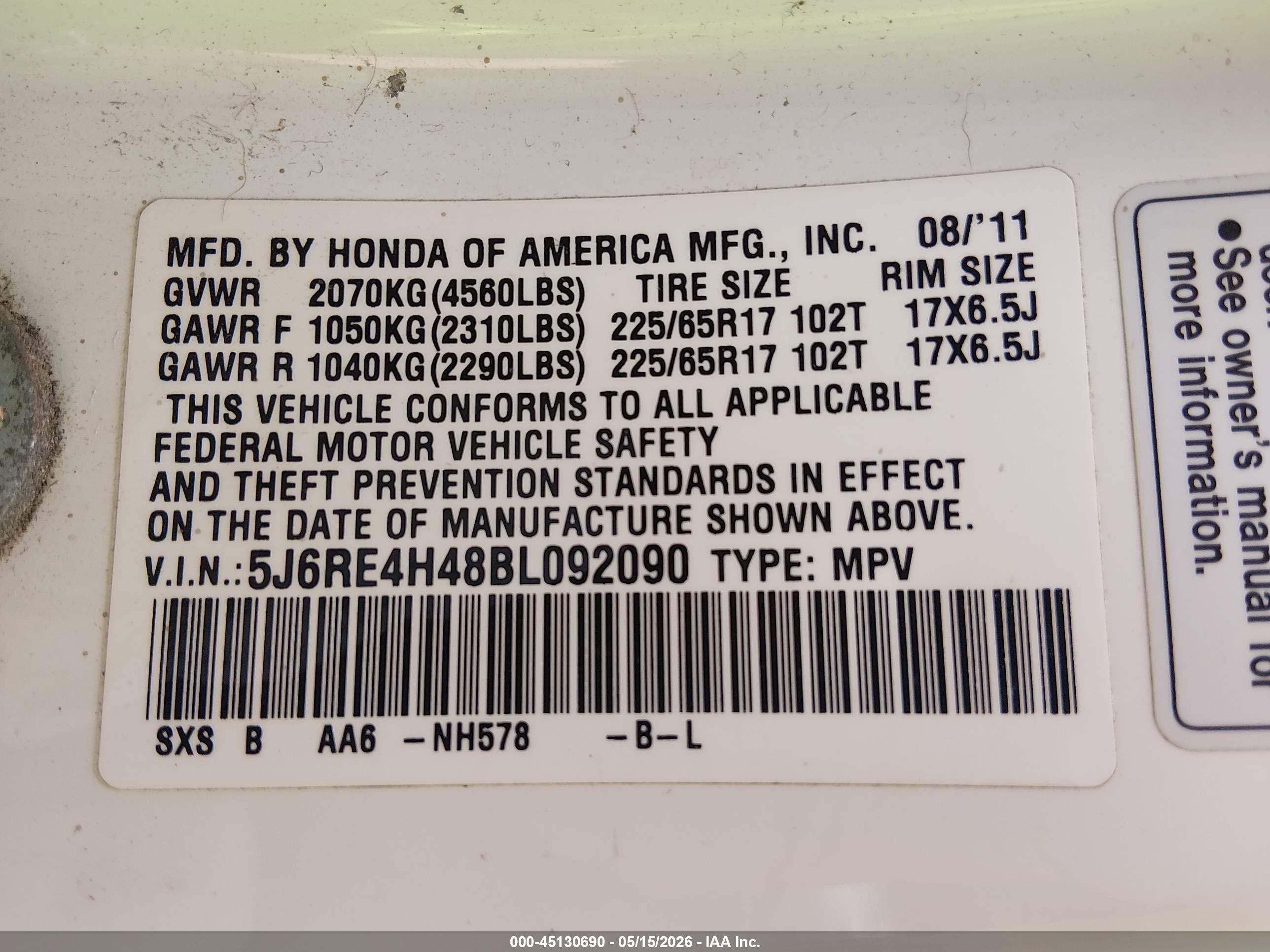 2011 Honda Cr-v Se White vin: 5J6RE4H48BL092090