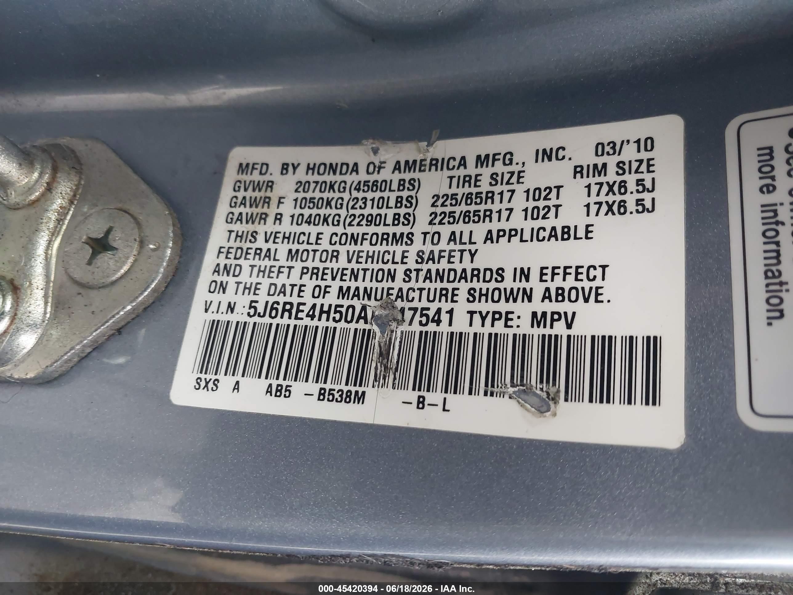 2010 Honda Cr-v Ex Blue vin: 5J6RE4H50AL047541