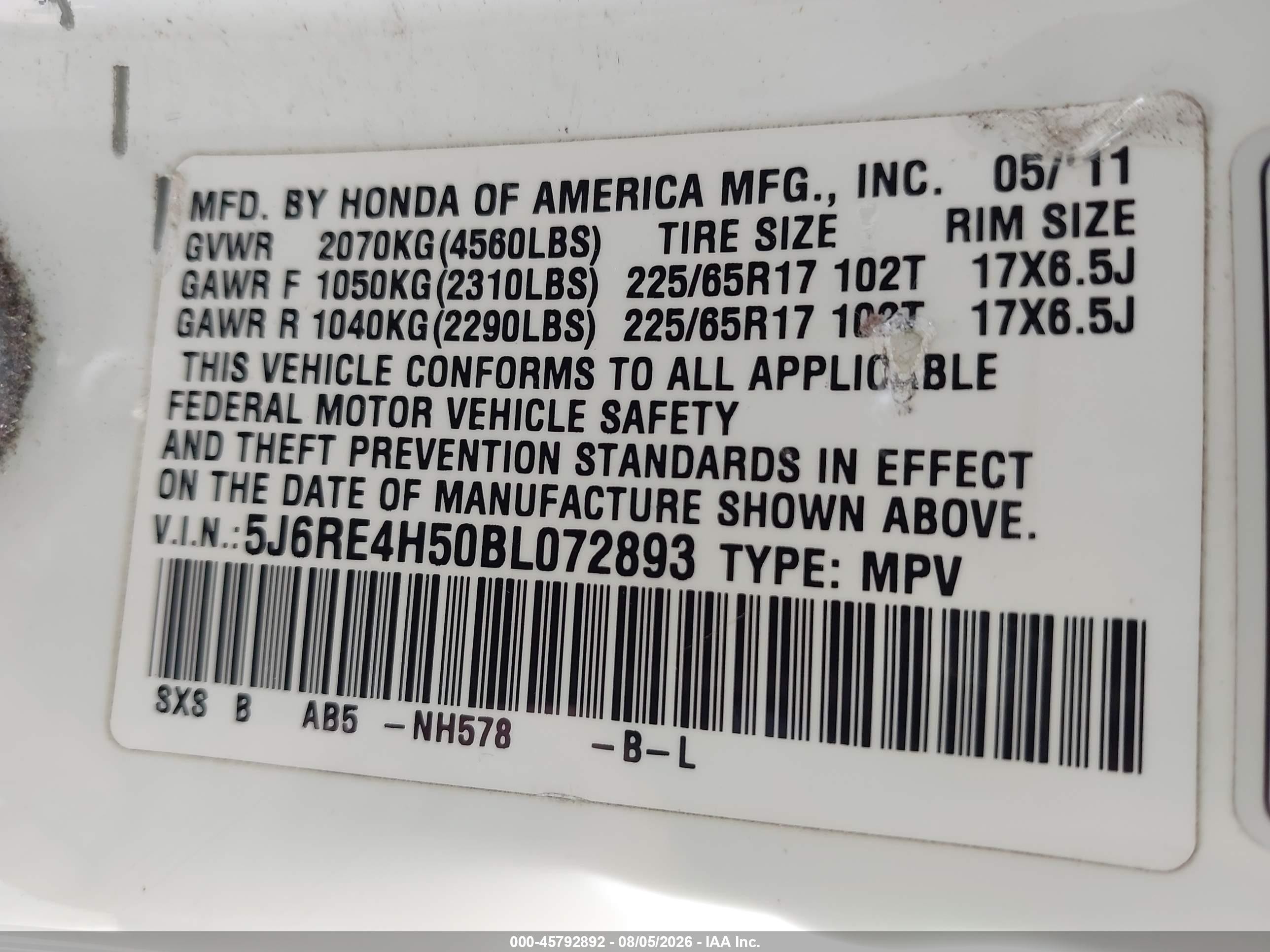 2011 Honda Cr-v Ex White vin: 5J6RE4H50BL072893