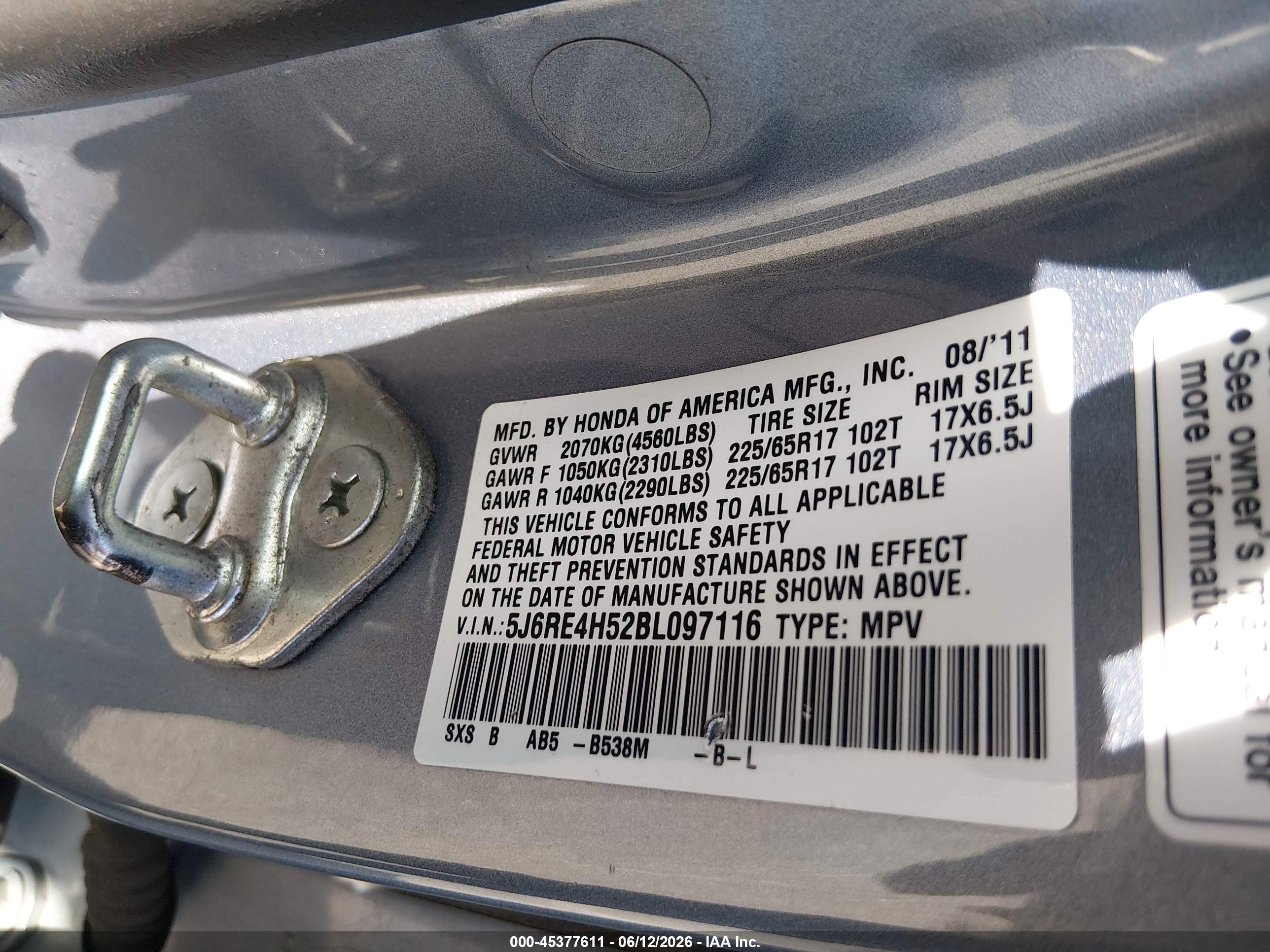 2011 Honda Cr-v Ex Blue vin: 5J6RE4H52BL097116