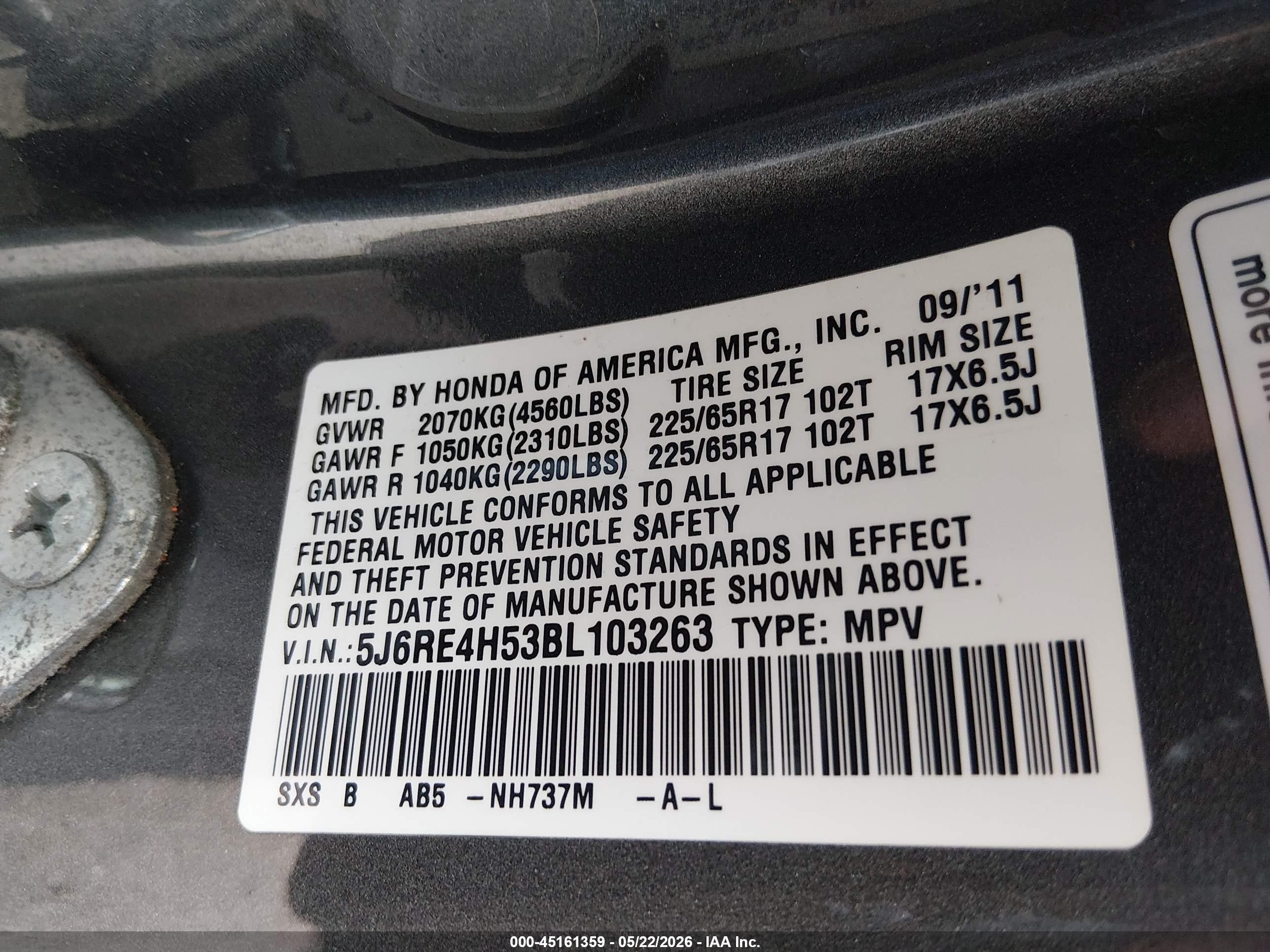 2011 Honda Cr-v Ex Серый vin: 5J6RE4H53BL103263