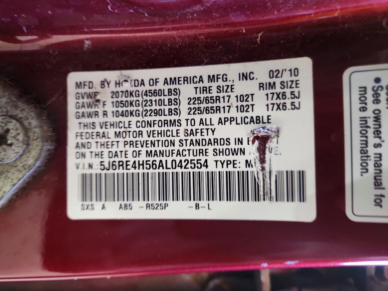 2010 Honda Cr-v Ex Burgundy vin: 5J6RE4H56AL042554