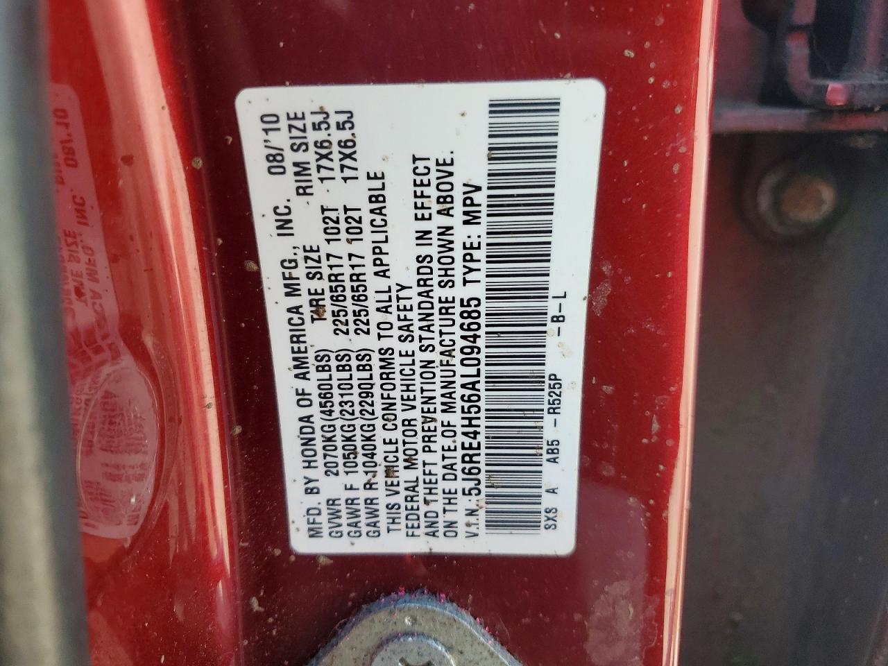 2010 Honda Cr-v Ex Red vin: 5J6RE4H56AL094685