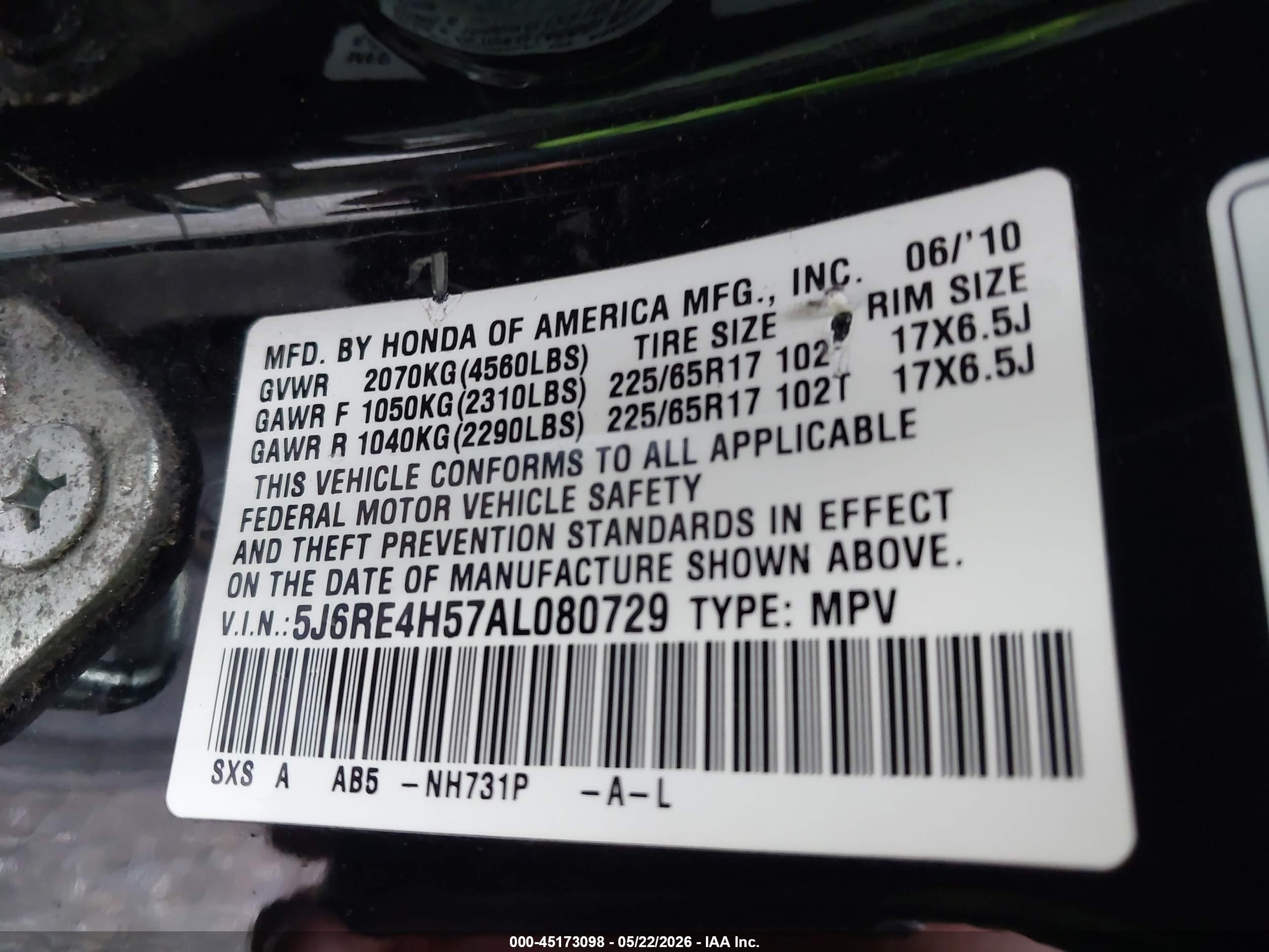 2010 Honda Cr-v Ex Black vin: 5J6RE4H57AL080729