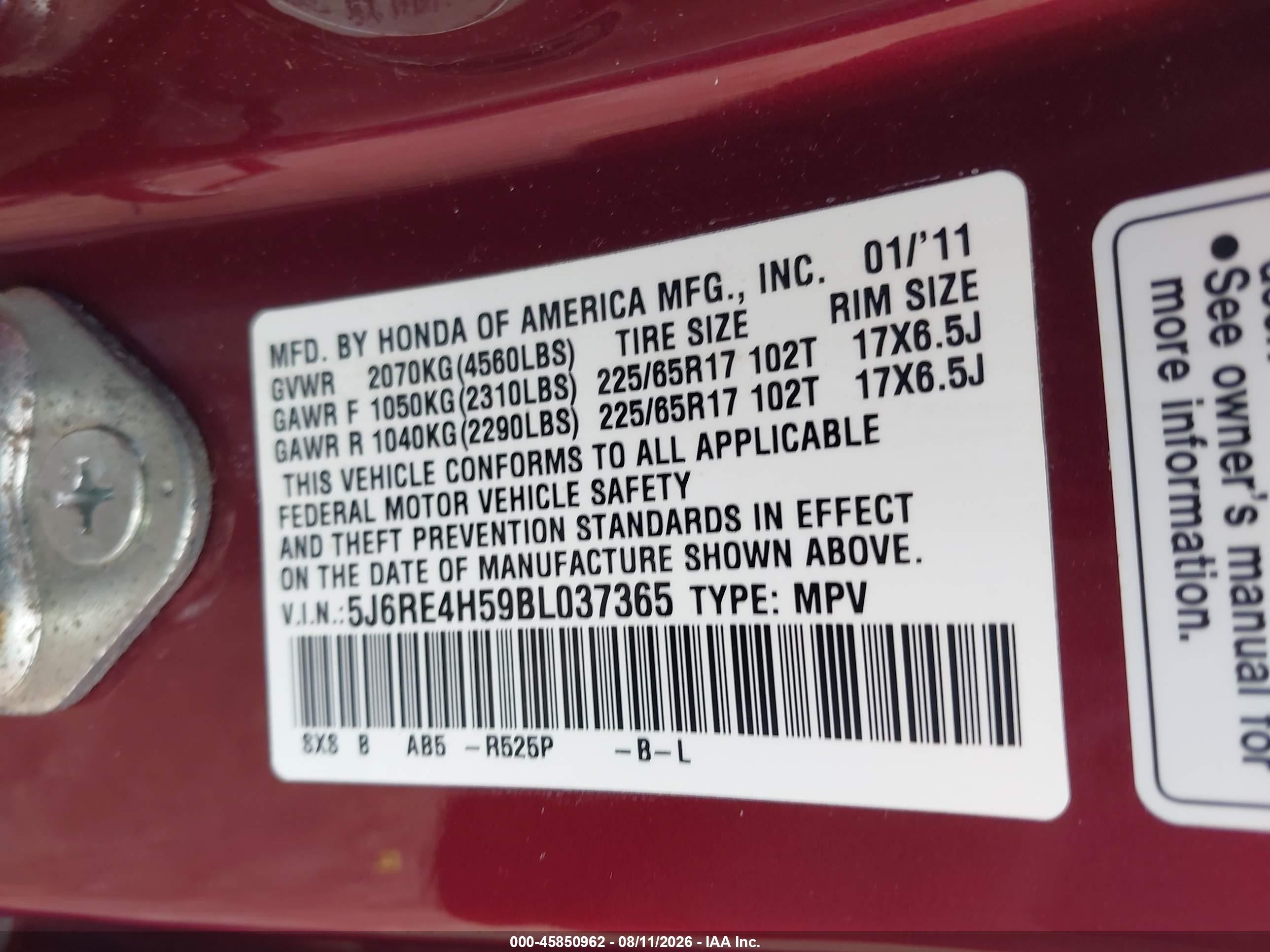 2011 Honda Cr-v Ex Red vin: 5J6RE4H59BL037365