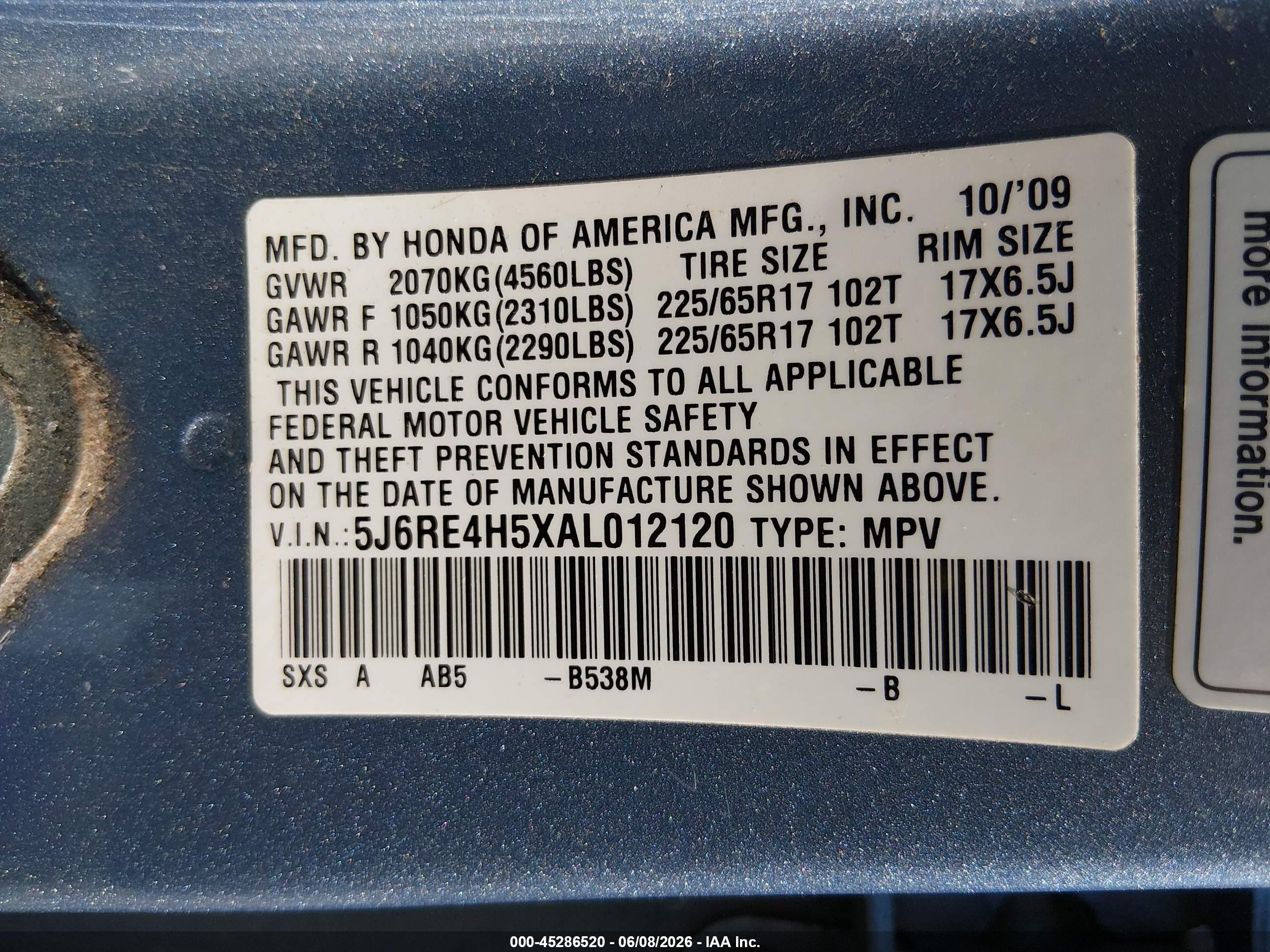 2010 Honda Cr-v Ex Blue vin: 5J6RE4H5XAL012120