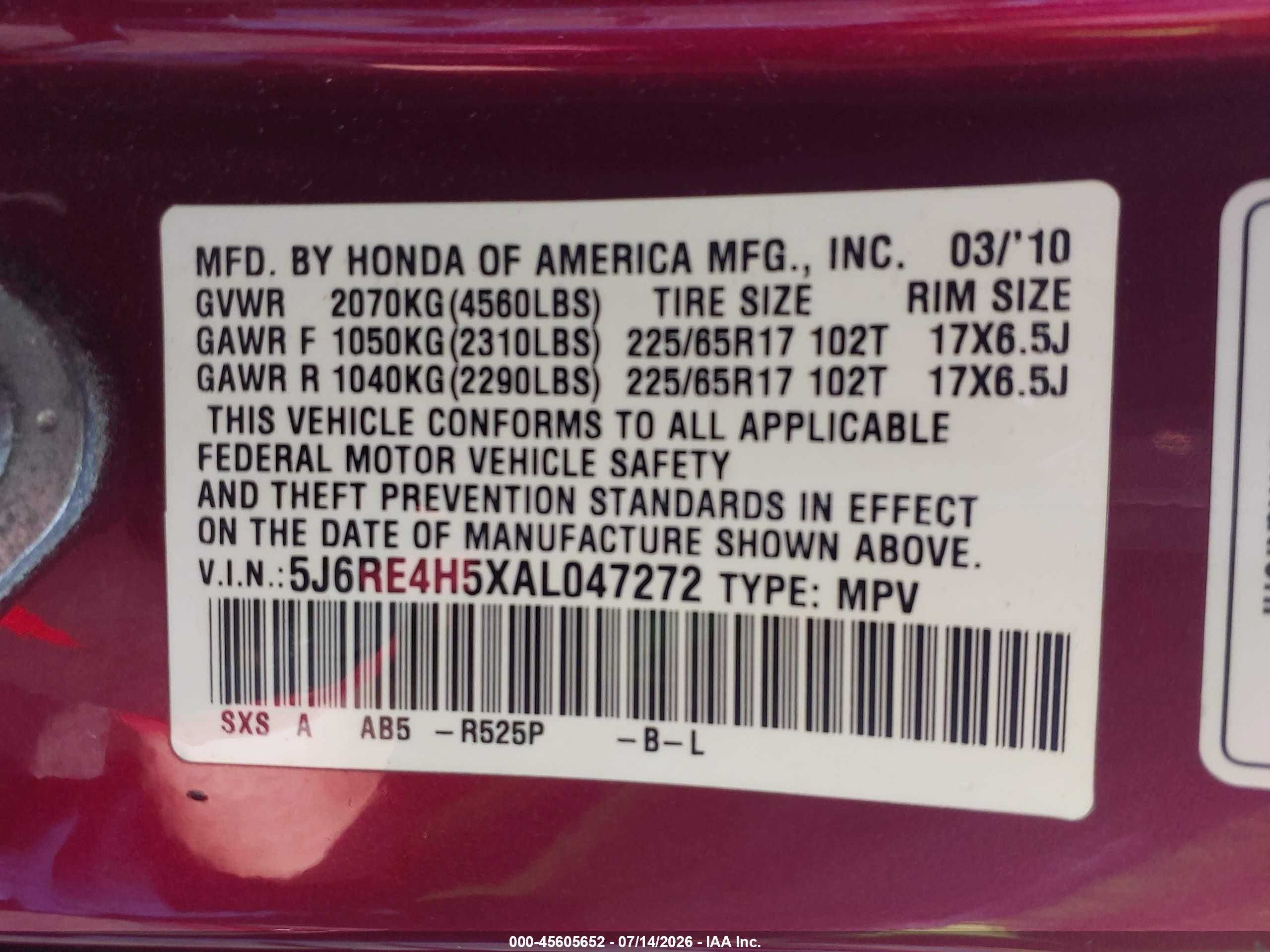2010 Honda Cr-v Ex Red vin: 5J6RE4H5XAL047272