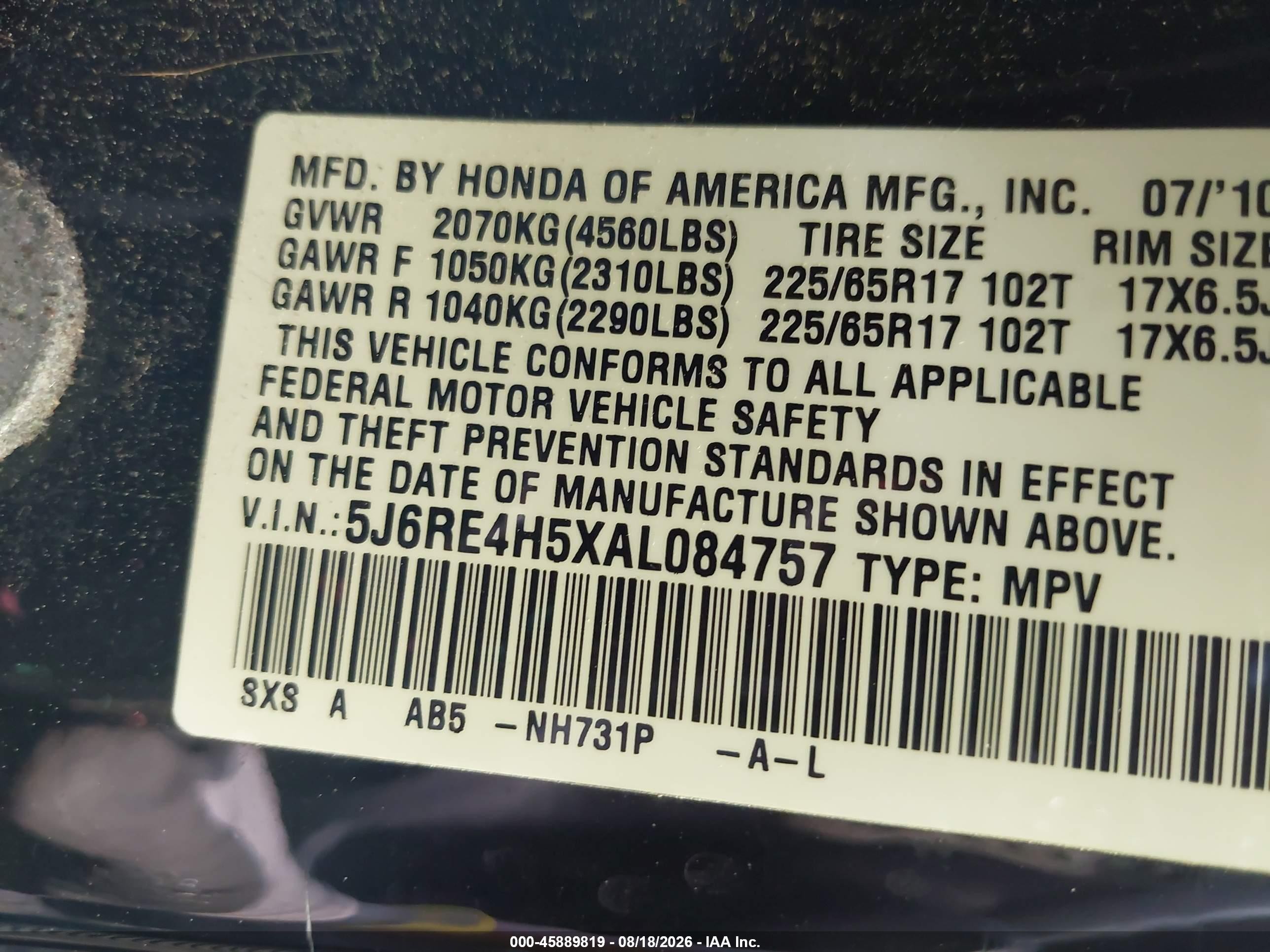 2010 Honda Cr-v Ex Black vin: 5J6RE4H5XAL084757