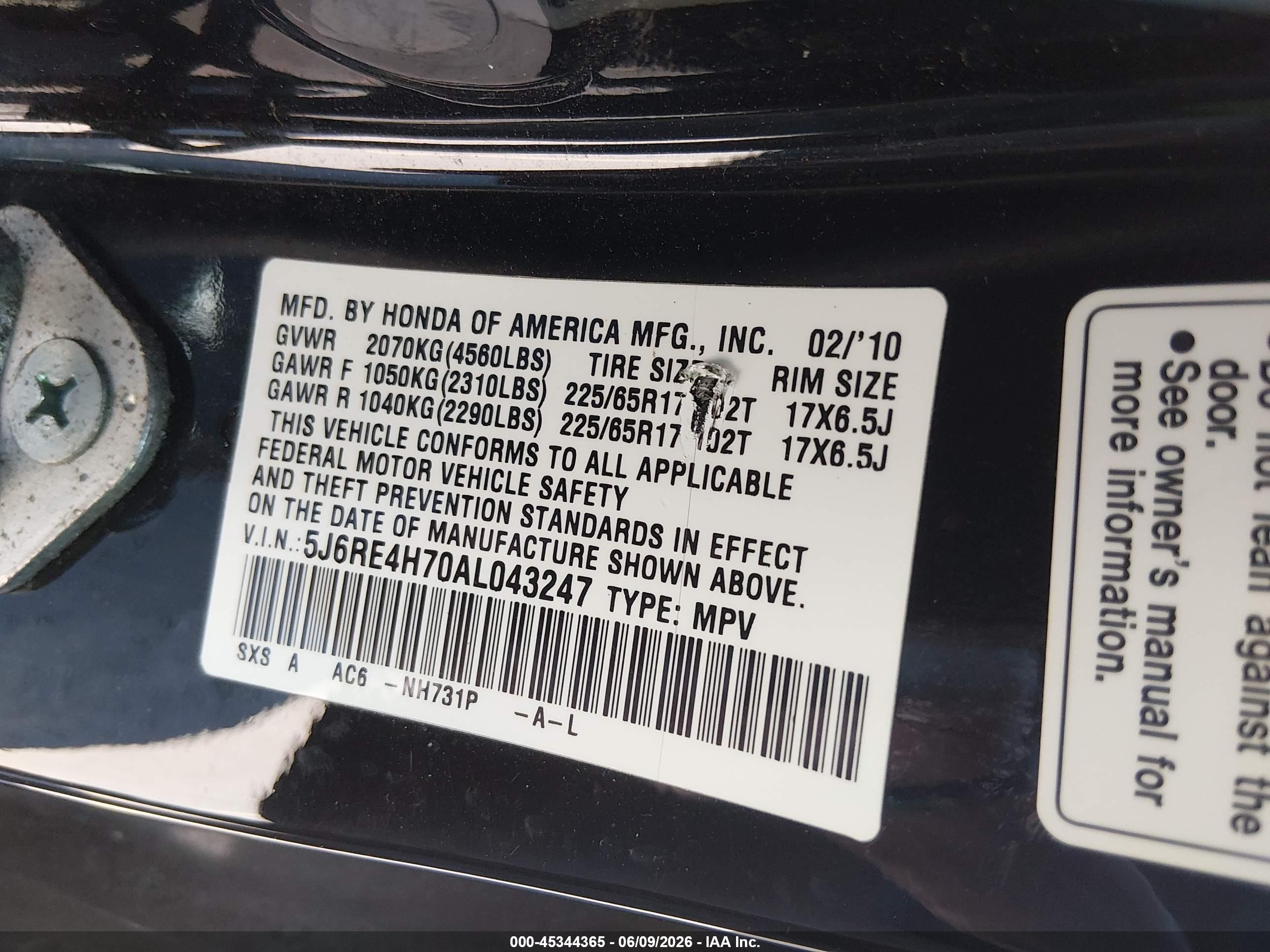 2010 Honda Cr-v Ex-l Черный vin: 5J6RE4H70AL043247