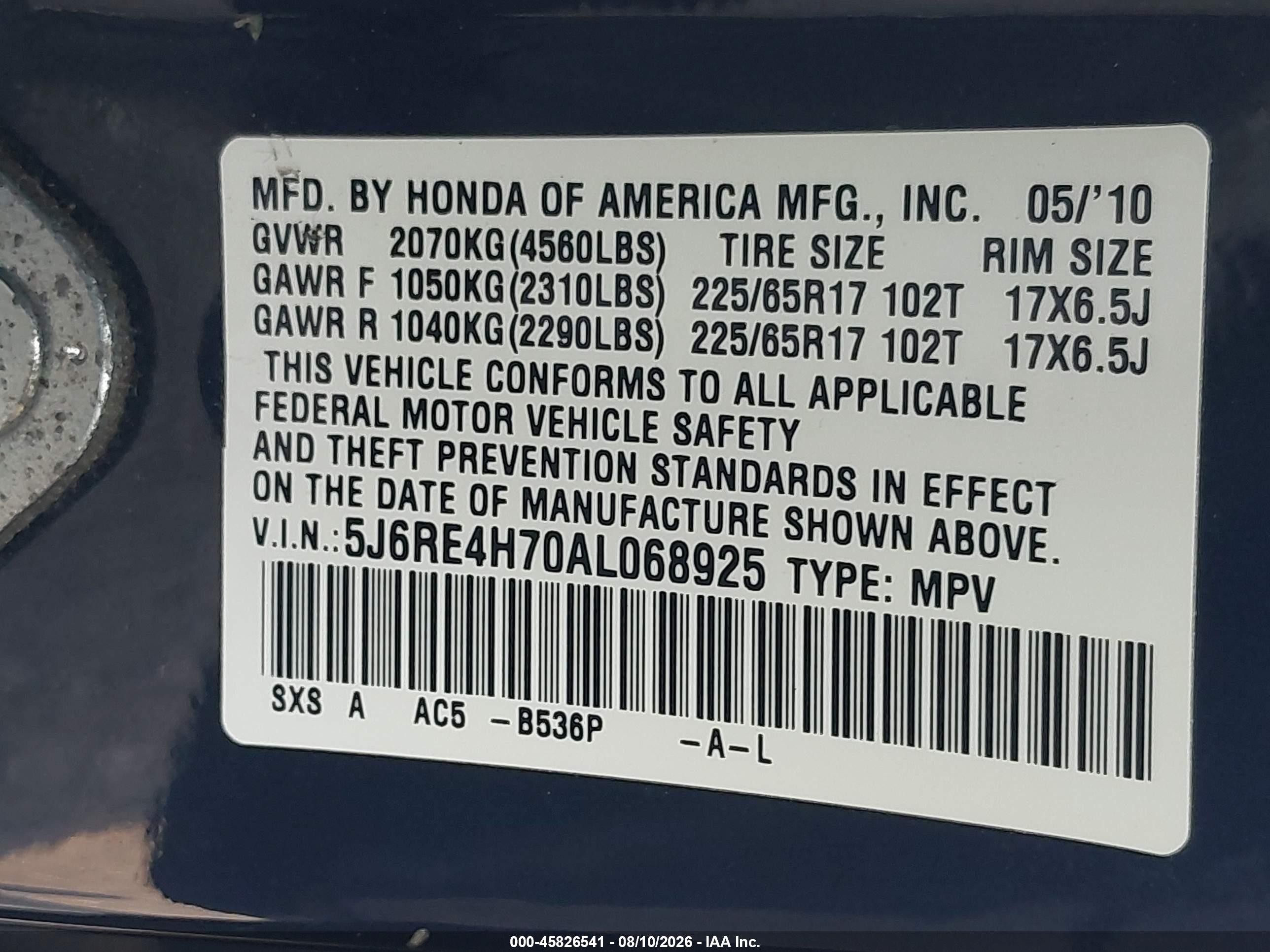 2010 Honda Cr-v Ex-l Dark Blue vin: 5J6RE4H70AL068925