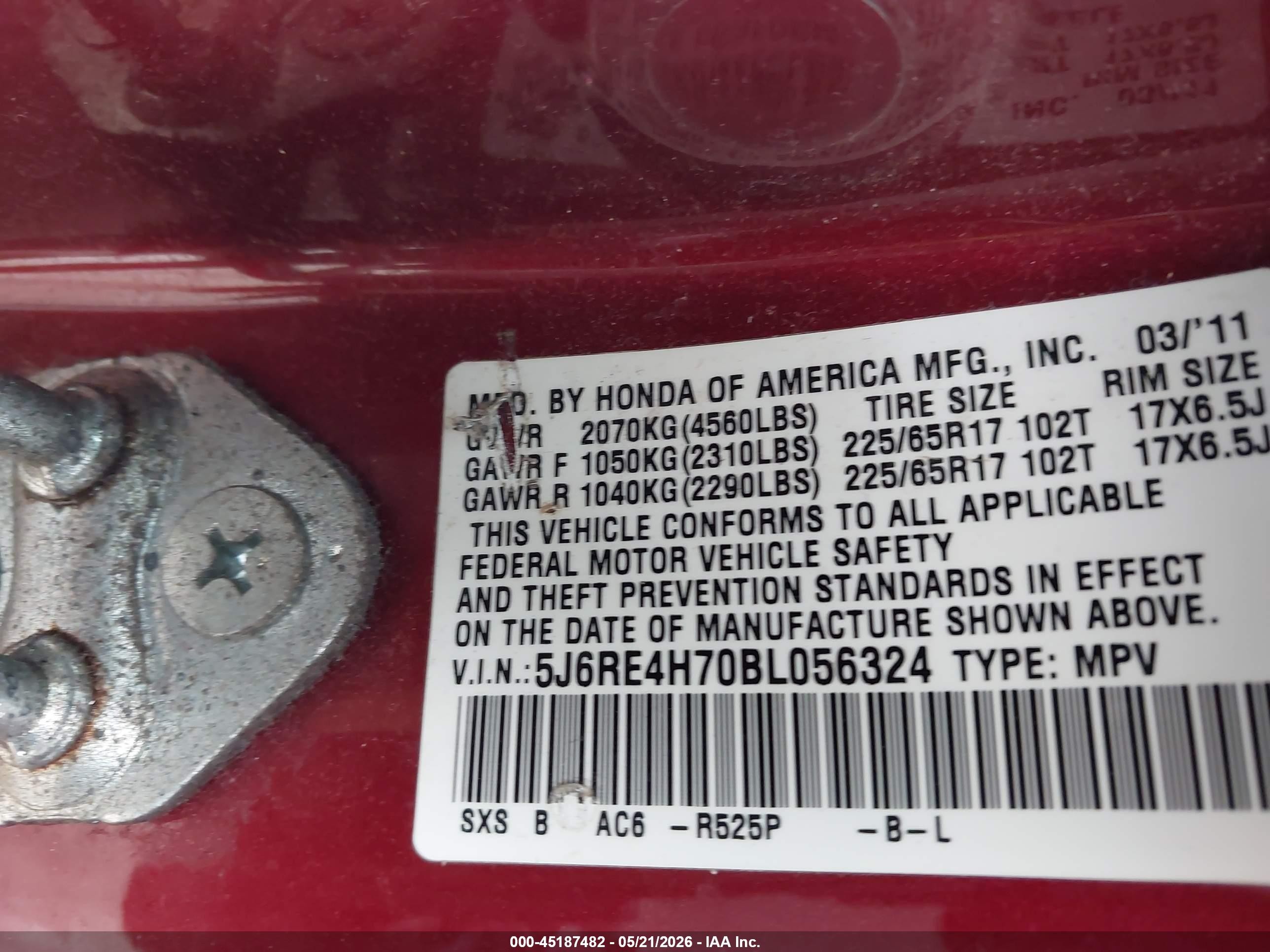 2011 Honda Cr-v Ex-l Red vin: 5J6RE4H70BL056324