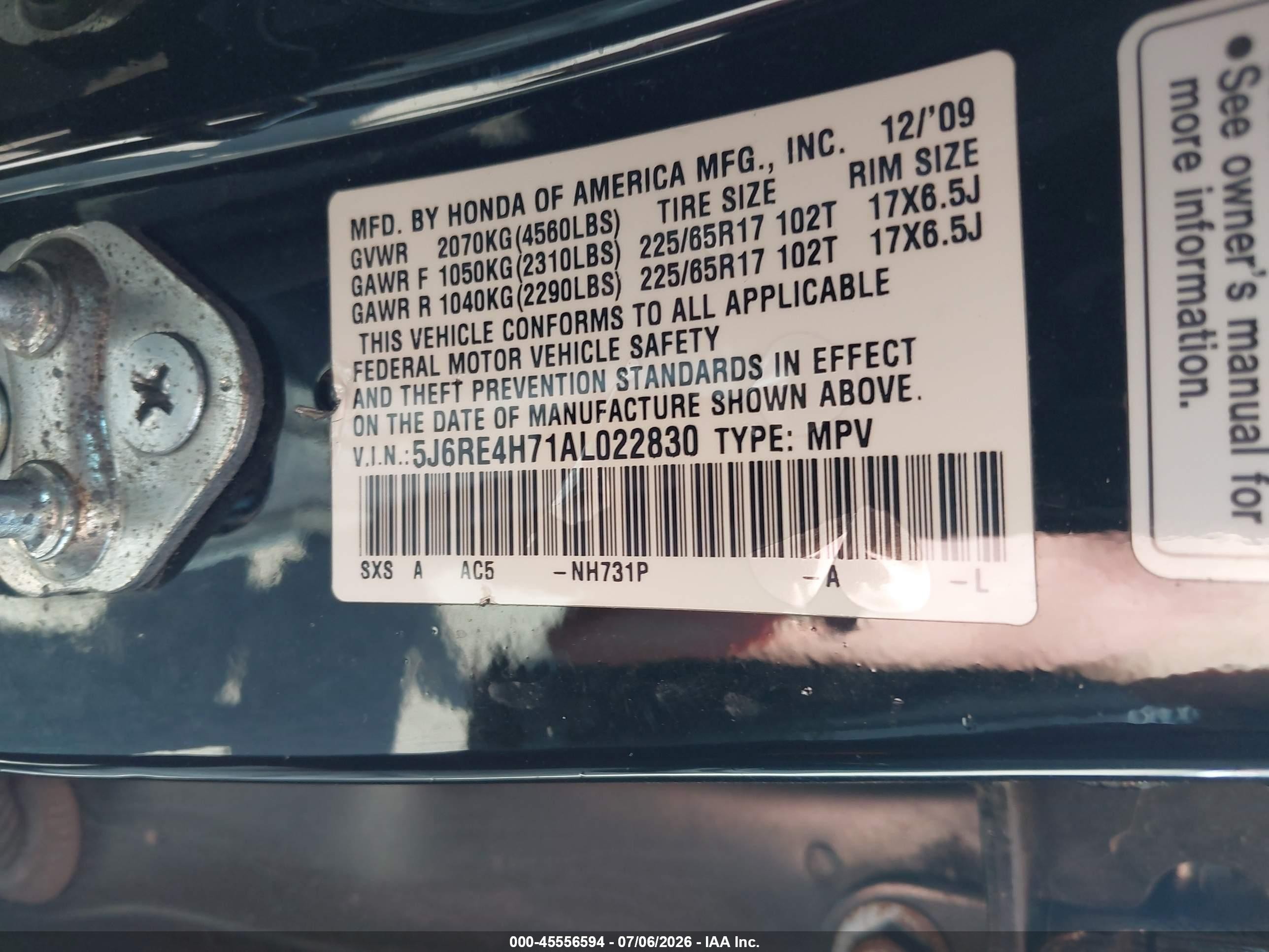 2010 Honda Cr-v Ex-l Black vin: 5J6RE4H71AL022830