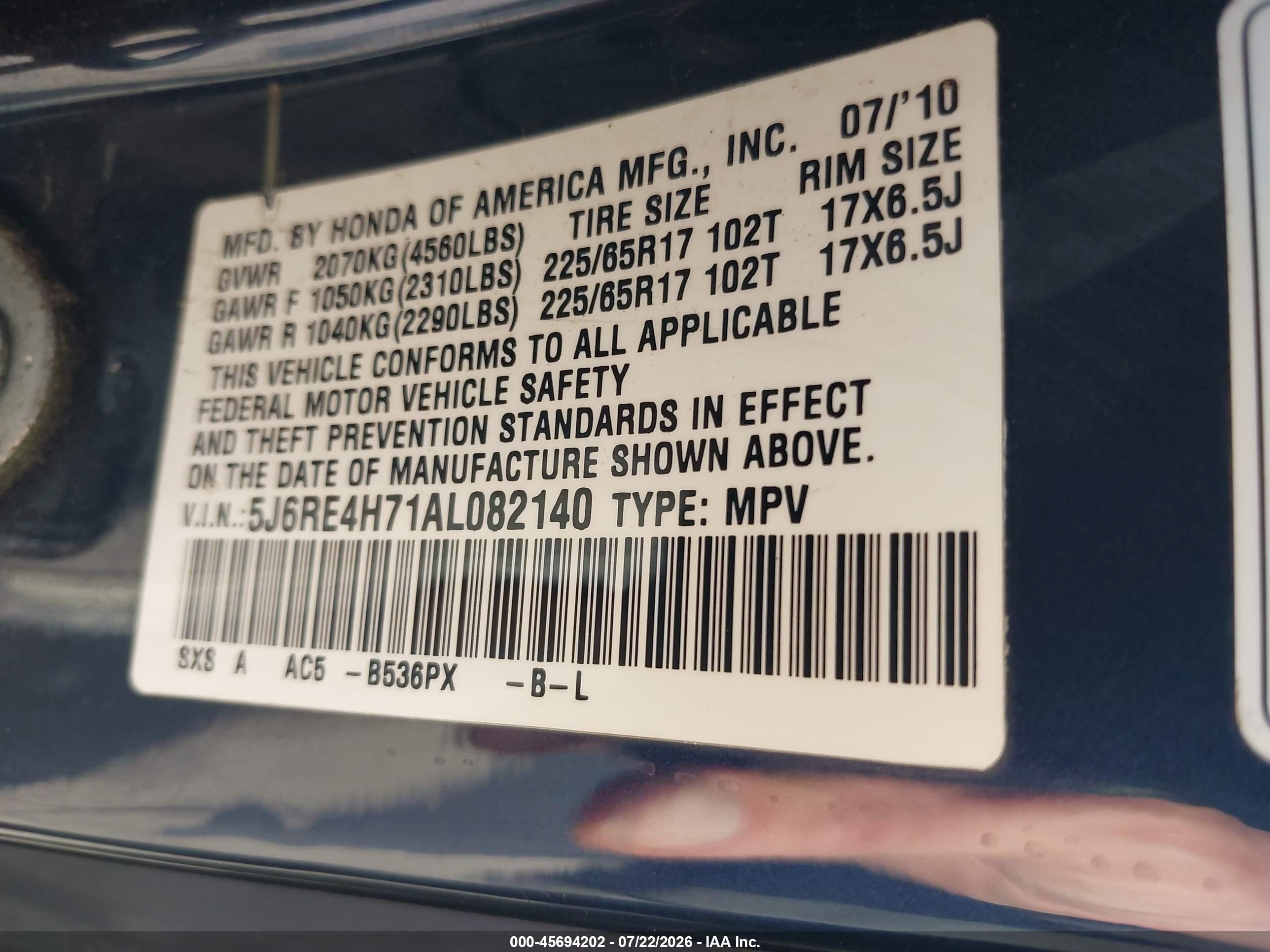 2010 Honda Cr-v Ex-l Blue vin: 5J6RE4H71AL082140