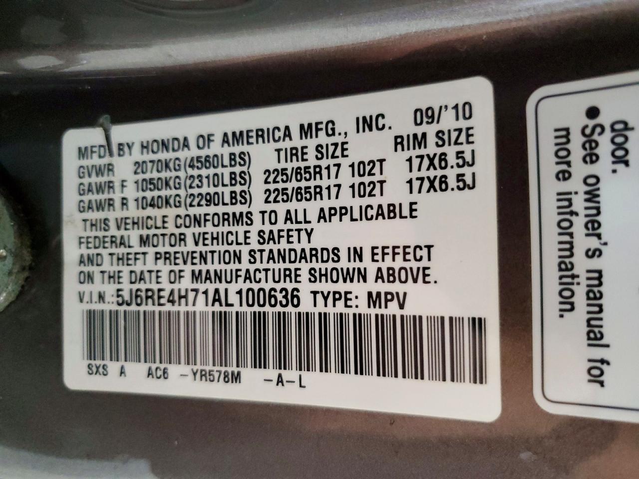 2010 Honda Cr-v Exl Gray vin: 5J6RE4H71AL100636