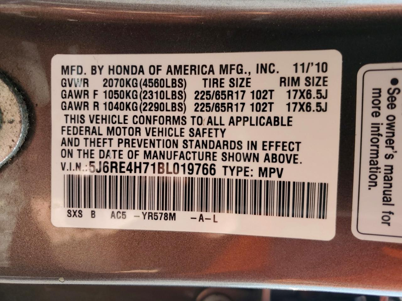 2011 Honda Cr-v Exl Gray vin: 5J6RE4H71BL019766