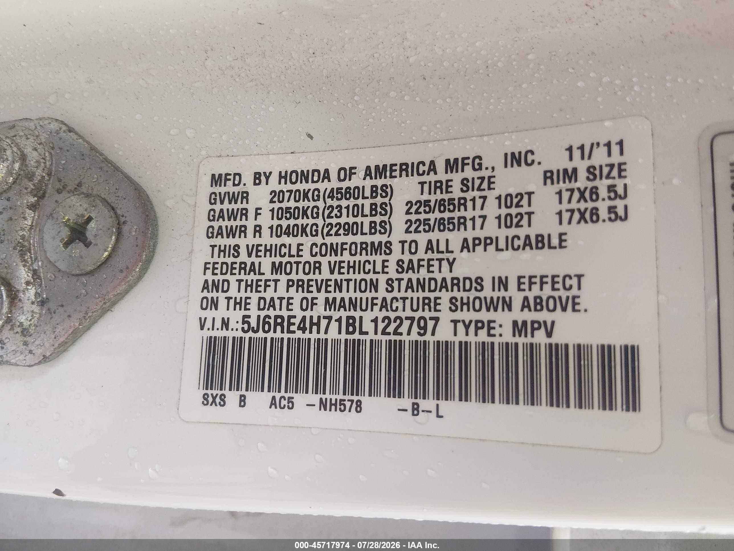 2011 Honda Cr-v Ex-l White vin: 5J6RE4H71BL122797