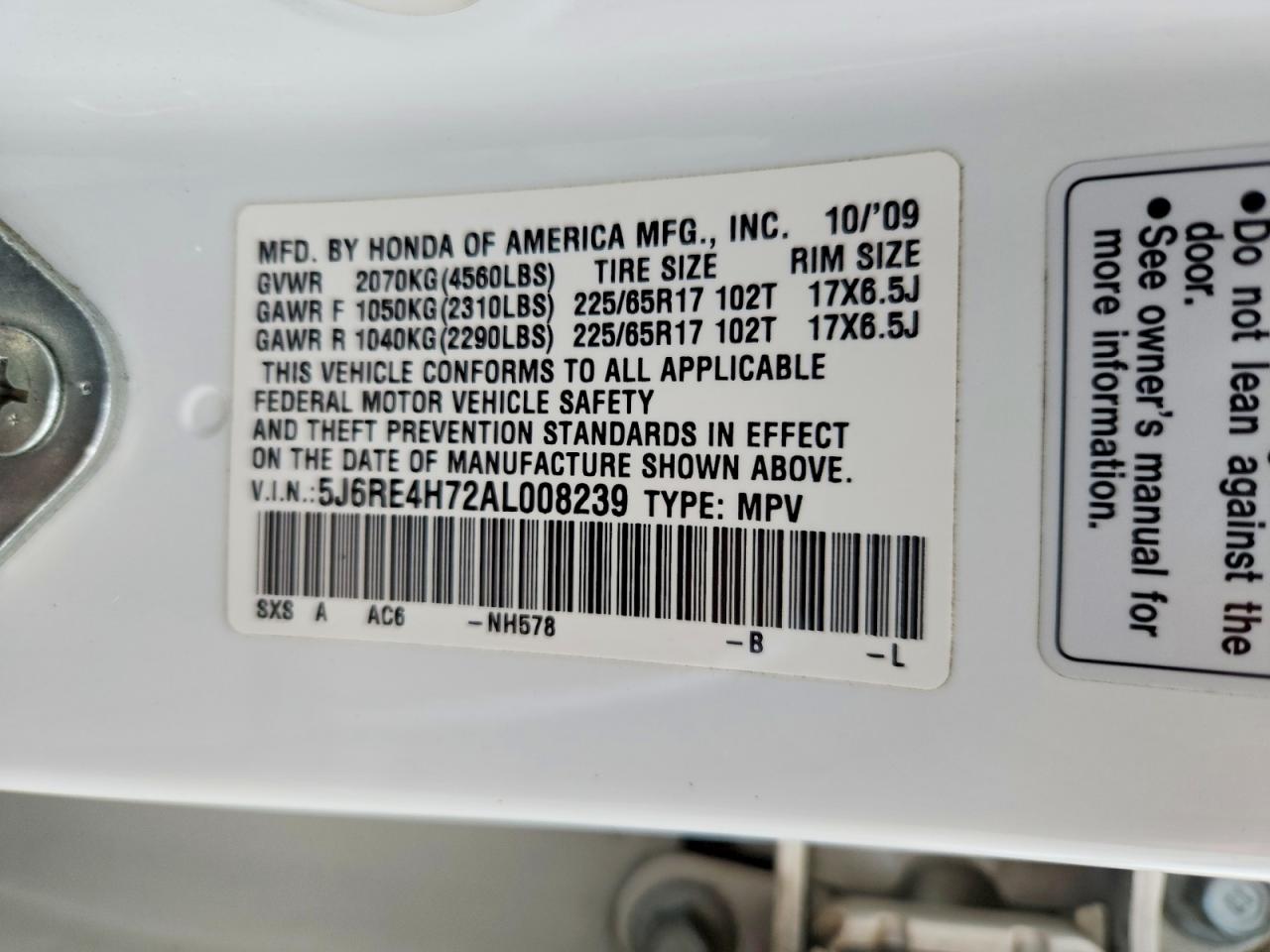 2010 Honda Cr-v Exl White vin: 5J6RE4H72AL008239