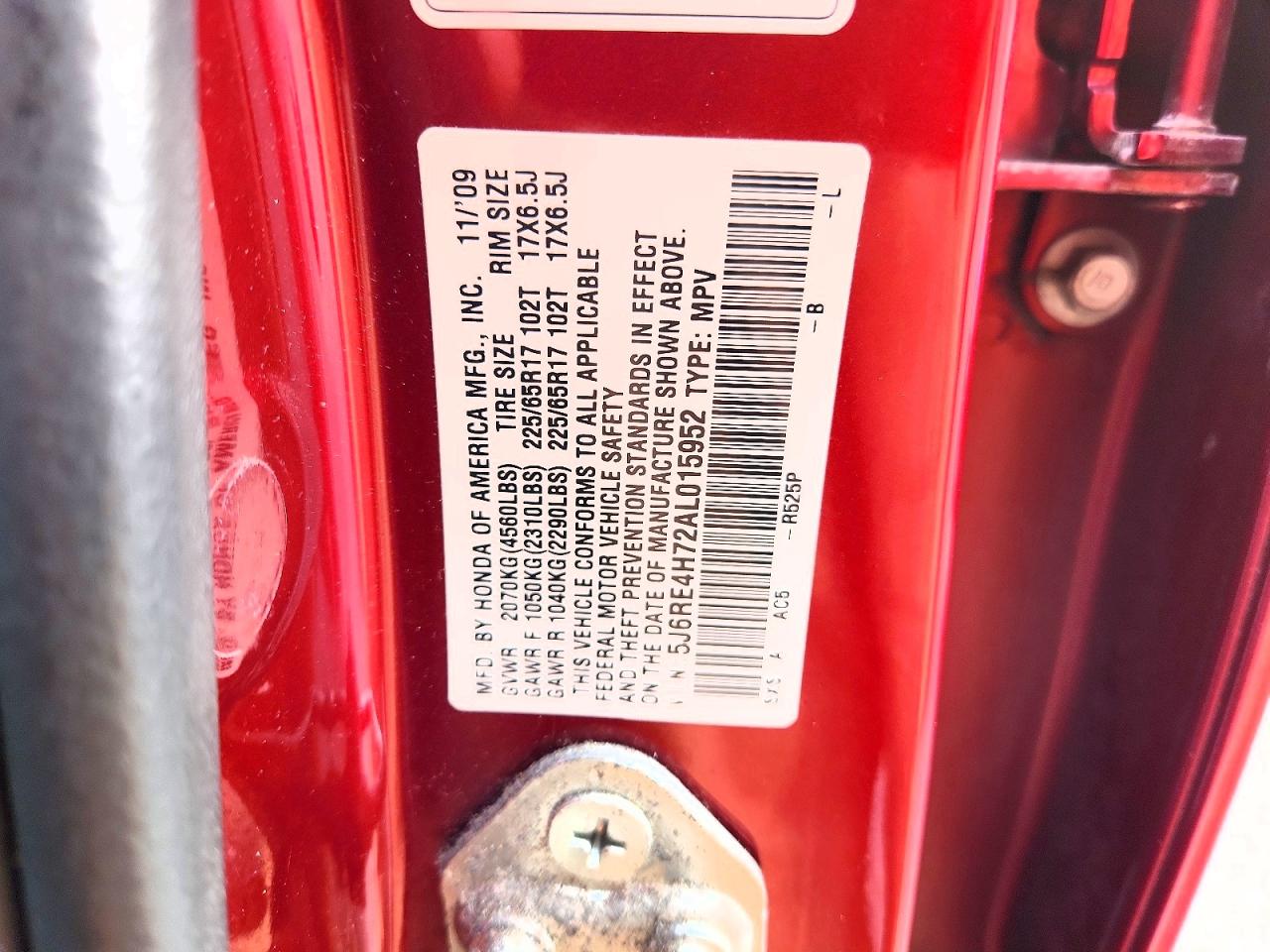 2010 Honda Cr-v Exl Red vin: 5J6RE4H72AL015952
