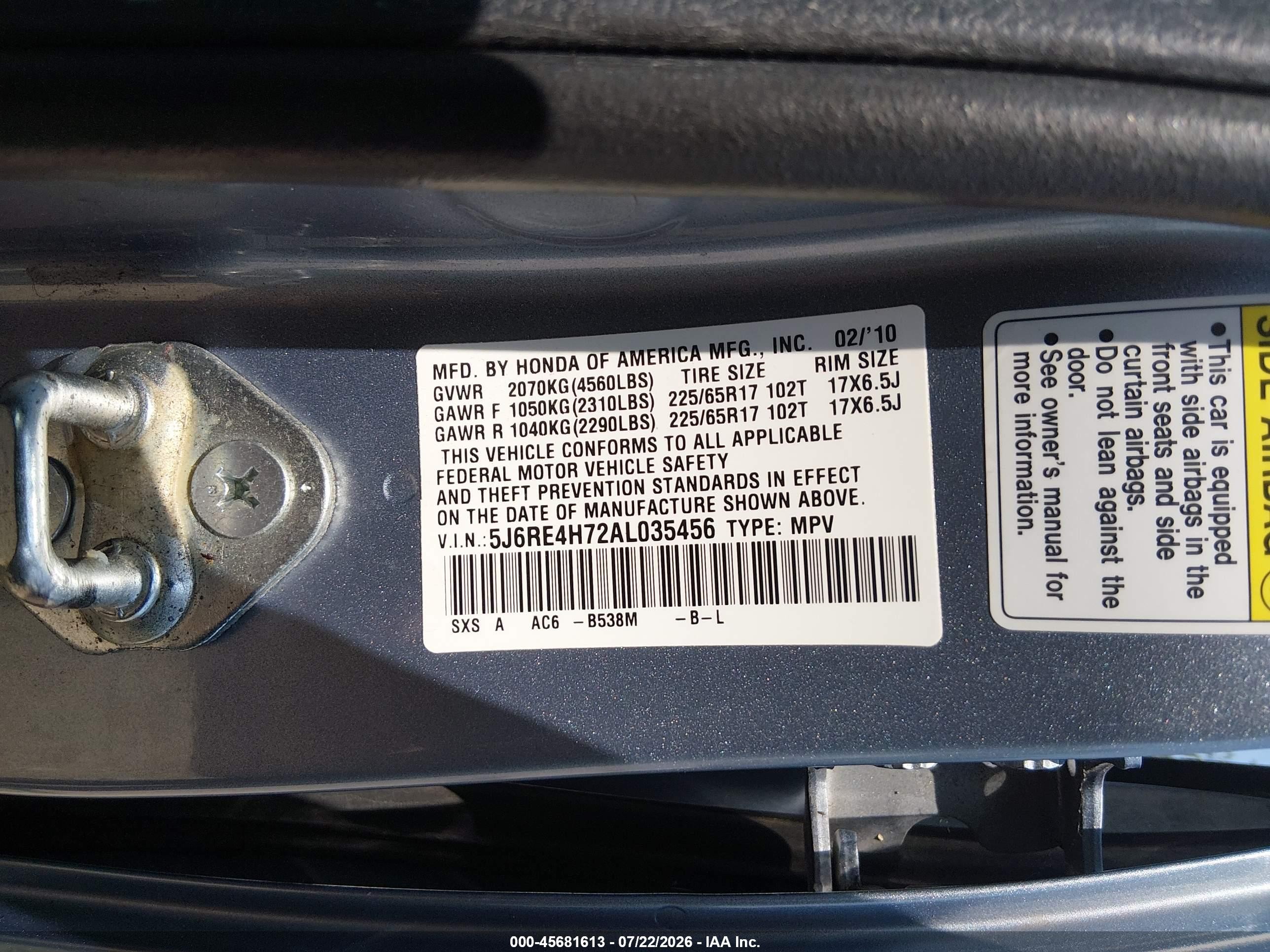 2010 Honda Cr-v Ex-l Blue vin: 5J6RE4H72AL035456