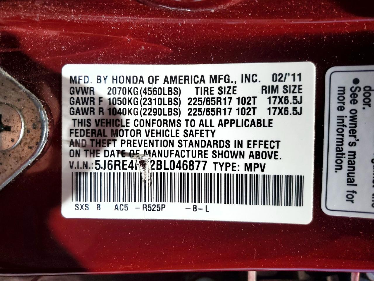 2011 Honda Crv Red vin: 5J6RE4H72BL046877
