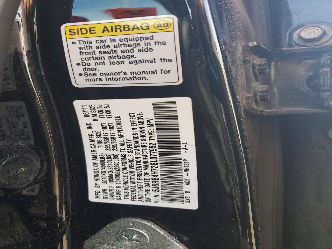 2011 Honda Cr-v Exl Black vin: 5J6RE4H72BL077952