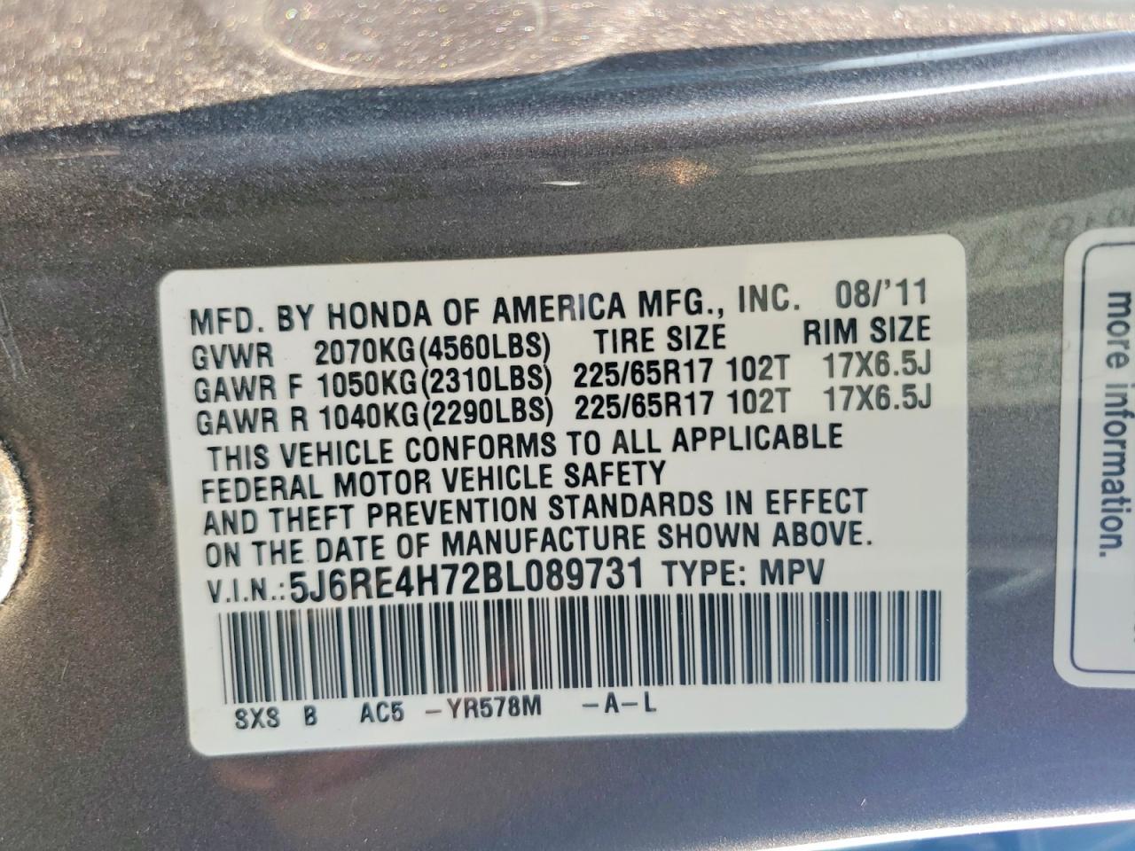 2011 Honda Cr-v Exl Gray vin: 5J6RE4H72BL089731
