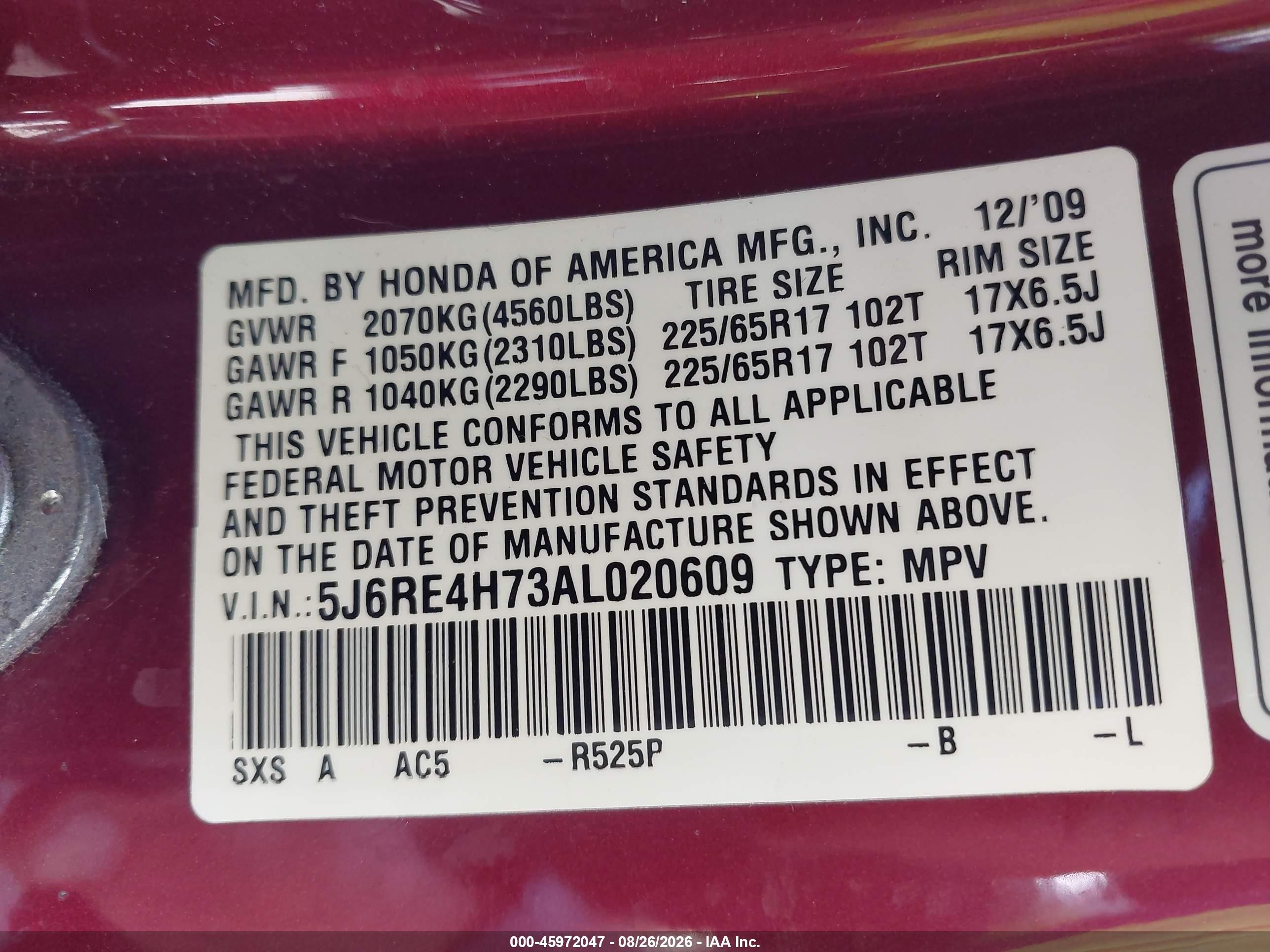2010 Honda Cr-v Ex-l Red vin: 5J6RE4H73AL020609