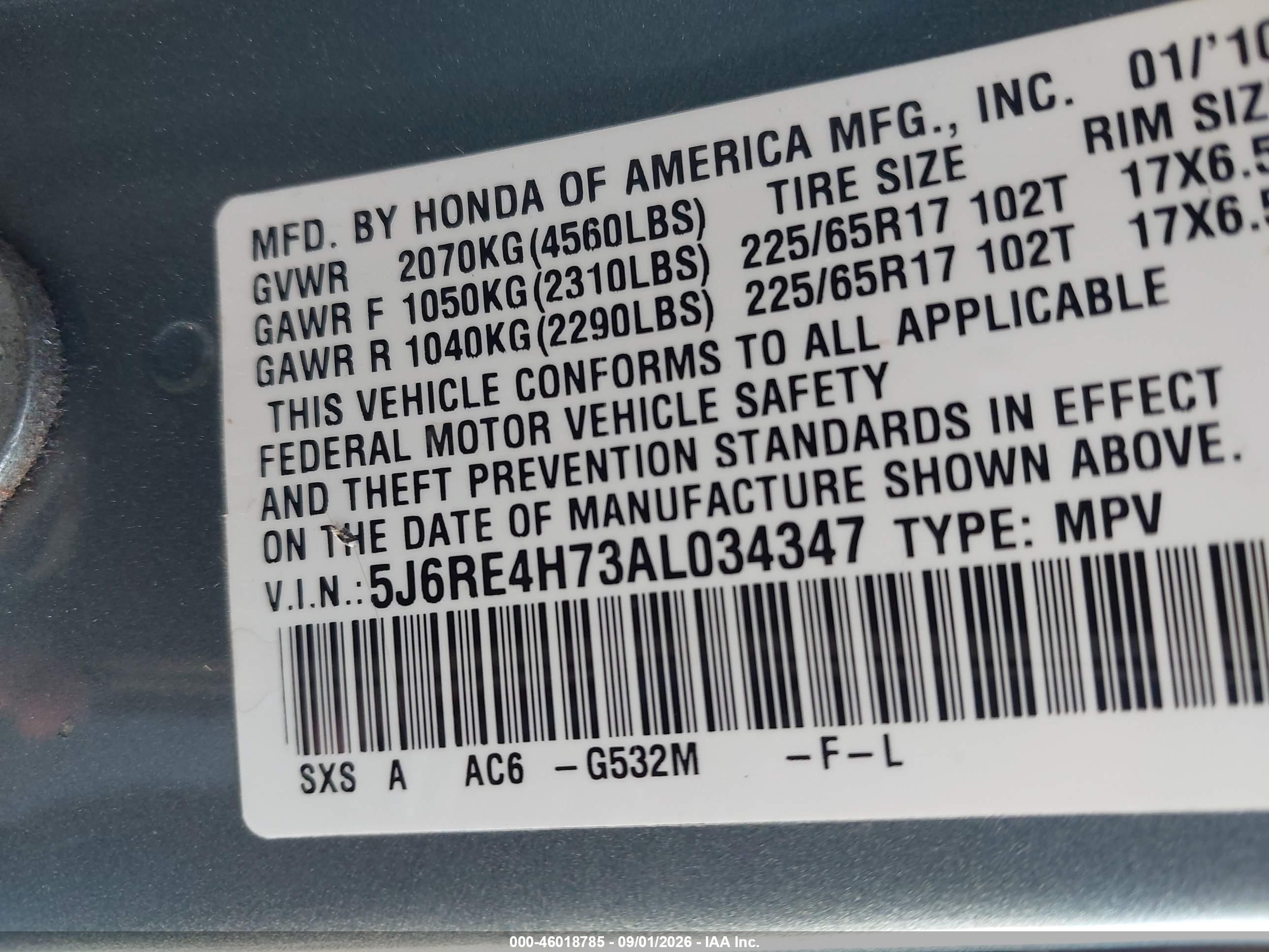 2010 Honda Cr-v Ex-l Blue vin: 5J6RE4H73AL034347